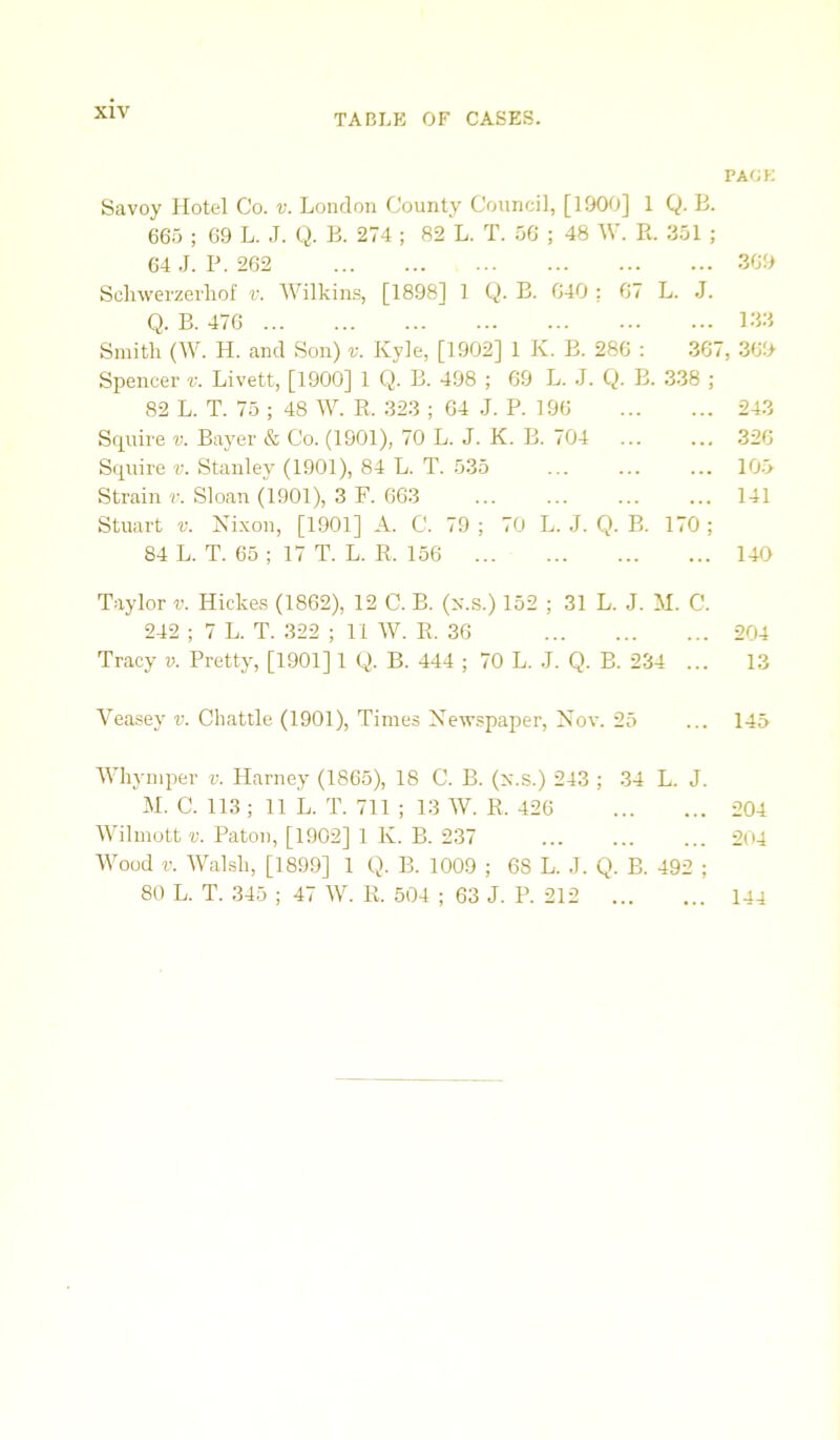 TABLE OF CASES. Savoy Hotel Co. v. London County Council, [190ft] 1 Q. B. 665 ; 09 L. J. Q. B. 274 ; 82 L. T. 56 ; 48 W. R. 351 ; 64 J. P. 262 Schwerzerhof ^•. Wilkins, [1898] 1 Q. B. 640 ; 67 L. .J. Q. B. 476 Smith (W. H. and Son) v. Kyle, [1902] 1 K. B. 286 : .367 Spencer v. Livett, [1900] 1 Q. B. 498 ; 69 L. .1. Q. B. .338 ; 82 L. T. 75 ; 48 W. R. .323 ; 64 .1. P. 196 Squire v. Bayer & Co. (1901), 70 L. J. K. B. 704 Squire v. Stanley (1901), 84 L. T. 535 Strain r. Sloan (1901), 3 F. 663 Stuart V. Ni.xon, [1901] A. C. 79 ; 70 L. .1. Q. B. 170 ; 84 L. T. 65 ; 17 T. L. R. 156 Taylor v. Hickes (1862), 12 C. B. (x.s.) 152 ; 31 L. J. M. C. 242 ; 7 L. T. 322 ; 11 W. R. 36 Tracy v. Pretty, [1901] 1 Q. B. 444 ; 70 L. .J. Q. B. 234 ... Veasey v. Chattle (1901), Times Newspaper, Nov. 25 Whymper v. Harney (1865), 18 C. B. (x.s.) 243 ; .34 L. J. M. C. 113 ; 11 L. T. 711 ; 13 W. R. 426 Wilmott V. Patou, [1902] 1 K. B. 237 Wood V. Walsh, [1899] 1 Q. B. 1009 ; 68 L. .1. Q. B. 492 ; 80 L. T. .345 ; 47 W. R. 504 ; 63 J. P. 212 PACK .369 133 , 369 24.3 .326 105 141 140 204 13 145 204 204 144
