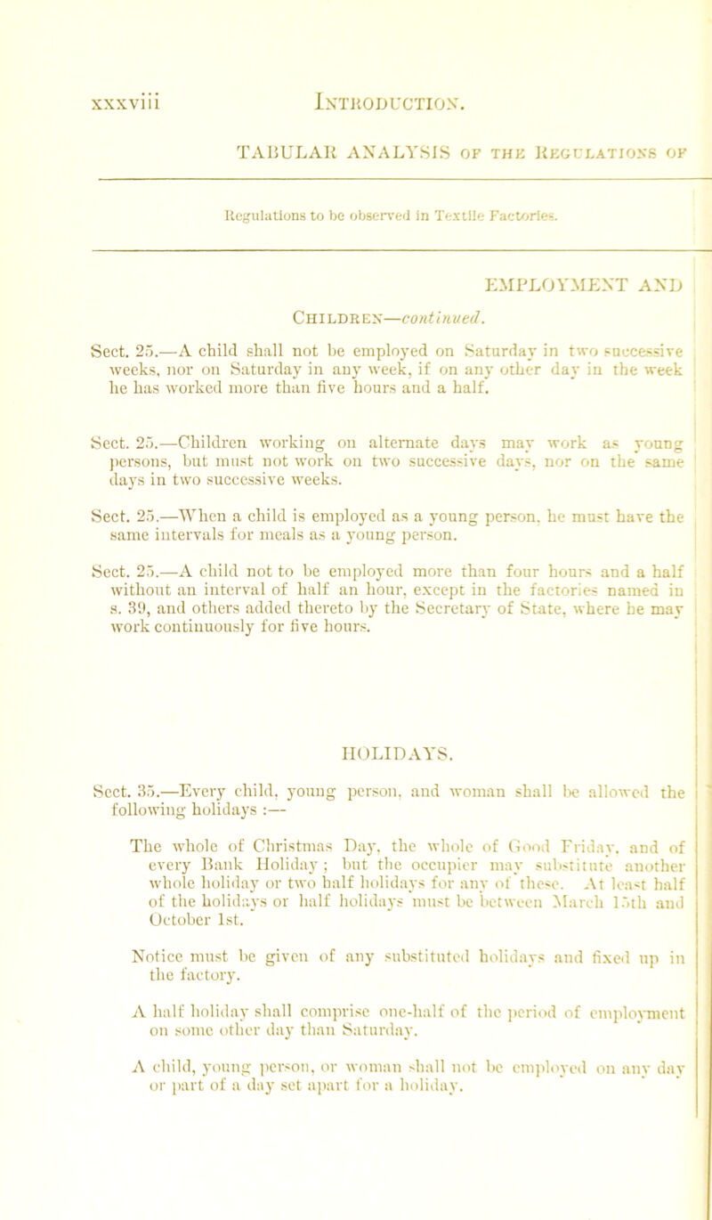 TABULAR ANALYSIS OF the Kegulatioxs of Regulations to be observed In Textile Factories. j:mfloyment and Childrex—continued. Sect. 25.—A child filiall not be emplo)-ed on Saturday in two successive weeks, nor on Saturday in any week, if on any other day in the week he has worked more than five hours and a half. Sect. 25.—Children working on alternate days may work as young jiersons, but must not w'ork on two successive days, nor on the same days in two successive weeks. Sect. 25.—When a child is employed as a young person, he must have the same intervals for meals as a young person. Sect. 25.—A child not to he employed more than four hours and a half without an interval of half an hour, e.xcept in the factories named in s. 39, and others added thereto by the Secretary of State, where he may work continuously for live hours. HOLIDAYS. Sect. 35.—Every child, young person, and woman shall lx; allowed the ^ following holidays :— The whole of Christmas Day. the whole of Good Friday, and of every Bank Holiday; but the occupier may substitute another whole holiday or two half holidays for any of these. At le.ast half of the holidays or half holidays must be between March 15th and October 1st. Notice must be given of any substituted holidays and fixed up in the factory. ' A half holiday shall comprise one-half of the ])criod of emplojTiicnt on some other day than Saturday. A child, young person, or woman >hall not be employed on anv day or i)art of a day set apart for a holiday.