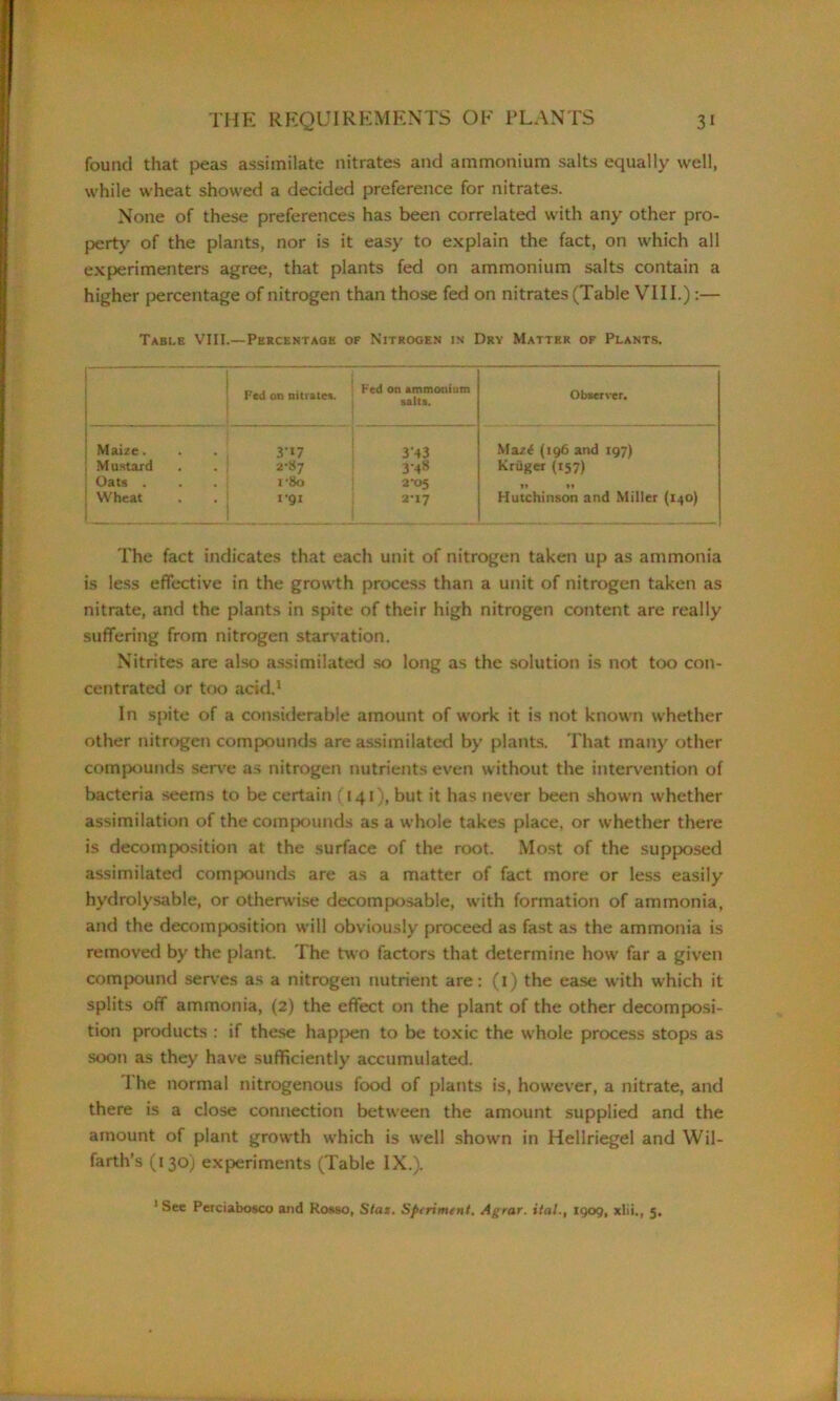 found that peas assimilate nitrates and ammonium salts equally well, while wheat showed a decided preference for nitrates. None of these preferences has been correlated with any other pro- perty of the plants, nor is it easy to explain the fact, on which all experimenters agree, that plants fed on ammonium salts contain a higher percentage of nitrogen than those fed on nitrates (Table VIII.):— Table VIII.—Percentage of Nitrogen in Dry Matter of Plants. Fed on nitrates. Fed on ammonium salts. Observer. Make. 3*17 343 Maz£ (196 and 197) 1 Mustard . 1 2*87 3-48 Kruger (157) Oats . . i i’8o 2*05 »» »» Wheat • | I‘9I 2-17 Hutchinson and Miller (140) The fact indicates that each unit of nitrogen taken up as ammonia is less effective in the growth process than a unit of nitrogen taken as nitrate, and the plants in spite of their high nitrogen content are really suffering from nitrogen starvation. Nitrites are also assimilated so long as the solution is not too con- centrated or too acid.1 In spite of a considerable amount of work it is not known whether other nitrogen compounds are assimilated by plants. That many other compounds serve as nitrogen nutrients even without the intervention of bacteria seems to be certain (141), but it has never been shown whether assimilation of the compounds as a whole takes place, or whether there is decomposition at the surface of the root. Most of the supposed assimilated compounds are as a matter of fact more or less easily hydrolysable, or otherwise decomposable, with formation of ammonia, and the decomposition will obviously proceed as fast as the ammonia is removed by the plant. The two factors that determine how far a given compound serves as a nitrogen nutrient are: (i) the ease with which it splits off ammonia, (2) the effect on the plant of the other decomposi- tion products : if these happen to be toxic the whole process stops as soon as they have sufficiently accumulated. I he normal nitrogenous food of plants is, however, a nitrate, and there is a close connection between the amount supplied and the amount of plant growth which is well shown in Hellriegel and Wil- farth’s (130) experiments (Table IX.). 1 See Perciabosco and Rosso, Stax. Sptriment. Agrar. ital., 1909, xlii., 5.