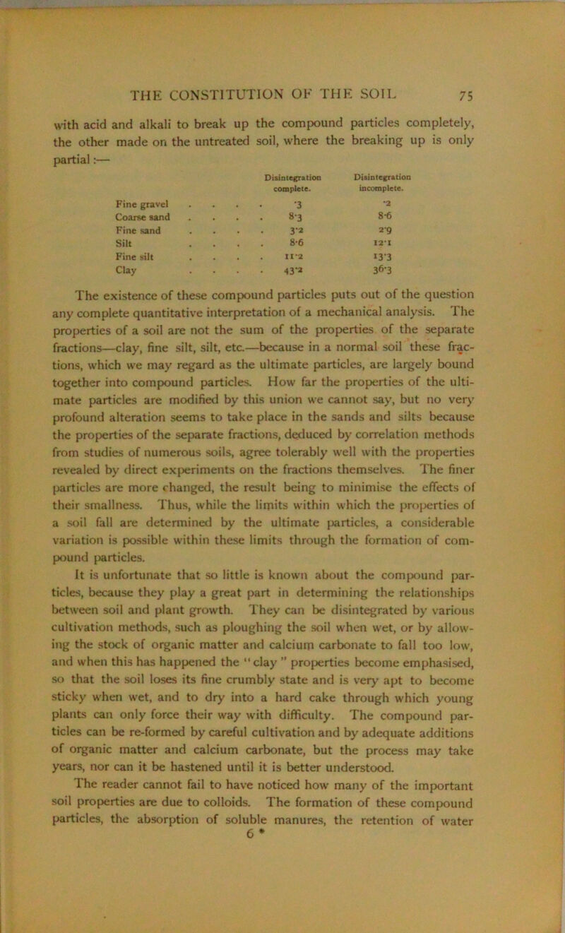 with acid and alkali to break up the compound particles completely, the other made on the untreated soil, where the breaking up is only partial:— Fine gravel Disintegration complete. 3 Disintegration incomplete. •2 Coarse sand 8-3 8-6 Fine sand 32 2'9 Silt 8-6 I2'I Fine silt . 11 *2 I3'3 Clay 43-2 36-3 The existence of these compound particles puts out of the question any complete quantitative interpretation of a mechanical analysis. The properties of a soil are not the sum of the properties of the separate fractions—clay, fine silt, silt, etc.—because in a normal soil these frac- tions, which we may regard as the ultimate particles, are largely bound together into compound particles. How far the properties of the ulti- mate particles are modified by this union we cannot say, but no very profound alteration seems to take place in the sands and silts because the properties of the separate fractions, deduced by correlation methods from studies of numerous soils, agree tolerably well with the properties revealed by direct experiments on the fractions themselves. The finer particles are more changed, the result being to minimise the effects of their smallness. Thus, while the limits within which the properties of a soil fall are determined by the ultimate particles, a considerable variation is possible within these limits through the formation of com- pound particles. It is unfortunate that so little is known about the compound par- ticles, because they play a great part in determining the relationships between soil and plant growth. They can be disintegrated by various cultivation methods, such as ploughing the soil when wet, or by allow- ing the stock of organic matter and calcium carbonate to fall too low, and when this has happened the “clay ” properties become emphasised, so that the soil loses its fine crumbly state and is very apt to become sticky when wet, and to dry into a hard cake through which young plants can only force their way with difficulty. The compound par- ticles can be re-formed by careful cultivation and by adequate additions of organic matter and calcium carbonate, but the process may take years, nor can it be hastened until it is better understood. The reader cannot fail to have noticed how many of the important soil properties are due to colloids. The formation of these compound particles, the absorption of soluble manures, the retention of water 6 *