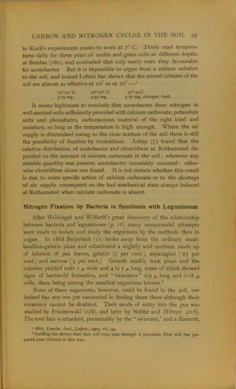 to Koch’s experiments ceases to work at 7° C. Thiele read tempera- tures daily for three years of arable and grass soils at different depths at Breslau (282), and concluded that only rarely were they favourable for azotobacter. But it is impossible to argue from a culture solution to the soil, and indeed Lohnis has shown that the mixed cultures of the soil are almost as effective at io° as at 20°:—1 IO°-I2° C. 20°-22° C. 30°-32 C. 3-15 mg. 4-55 nig. 4 27 mg. nitrogen fixed. It seems legitimate to conclude that azotobacter fixes nitrogen in well-aerated soils sufficiently provided with calcium carbonate, potassium salts and phosphates, carbonaceous material of the right kind and moisture, so long as the temperature is high enough. Where the air supply is diminished owing to the close texture of the soil there is still the possibility of fixation by Clostridium. Ashby (7) found that the relative distribution of azotobacter and Clostridium at Rothamsted de- pended on the amount of calcium carbonate in the soil; wherever any notable quantity was present, azotobacter invariably occurred: other- wise clostridium alone was found. It is not certain whether this result is due to some specific action of calcium carbonate or to the shortage of air supply consequent on the bad mechanical state always induced at Rothamsted when calcium carbonate is absent. Nitrogen Fixation by Bacteria in Symbiosis with Leguminosae. After Hellriegel and Wilfarth’s great discovery of the relationship between bacteria and leguminosae (p. 16) many unsuccessful attempts were made to isolate and study the organisms by the methods then in vogue. In 1888 Beijerinck (11) broke away from the ordinary meat- bouillon-gelatin plate and substituted a slightly acid medium made up of infusion of pea leaves, gelatin (7 per cent), asparagine (‘25 per cent.) and sucrose (‘5 per cent.). Growth readily took place and the colonies yielded rods 1 ^ wide and 4 to 5 p long, some of which showed signs of bacteroid formation, and “swarmers” 0*9 long and o-i8 [x wide, these being among the smallest organisms known.2 None of these organisms, however, could be found in the soil, nor indeed has anyone yet succeeded in finding them there although their existence cannot be doubted. Their mode of entry into the pea was studied by Prdzmowski (228), and later by Nobbe and Hiltner (216). The root hair is attacked, presumably by the “ swarmer, and a filament, 1 Mitt. Landw. Inst., Leipsic, 1905, vii., 94. * Golding has shown that they will even pass through a porcelain filter and has pre- pared pure cultures in this way.