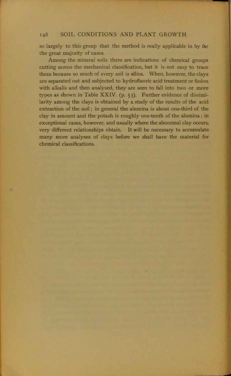 so largely to this group that the method is really applicable in by far the great majority of cases. Among the mineral soils there are indications of chemical groups cutting across the mechanical classification, but it is not easy to trace them because so much of every soil is silica. When, however, the clays are separated out and subjected to hydrofluoric acid treatment or fusion with alkalis and then analysed, they are seen to fall into two or more types as shown in Table XXIV. (p. 53). Further evidence of dissimi- larity among the clays is obtained by a study of the results of the acid extraction of the soil; in general the alumina is about one-third of the clay in amount and the potash is roughly one-tenth of the alumina; in exceptional cases, however, and usually where the abnormal clay occurs, very different relationships obtain. It will be necessary to accumulate many more analyses of clays before we shall have the material for chemical classifications.