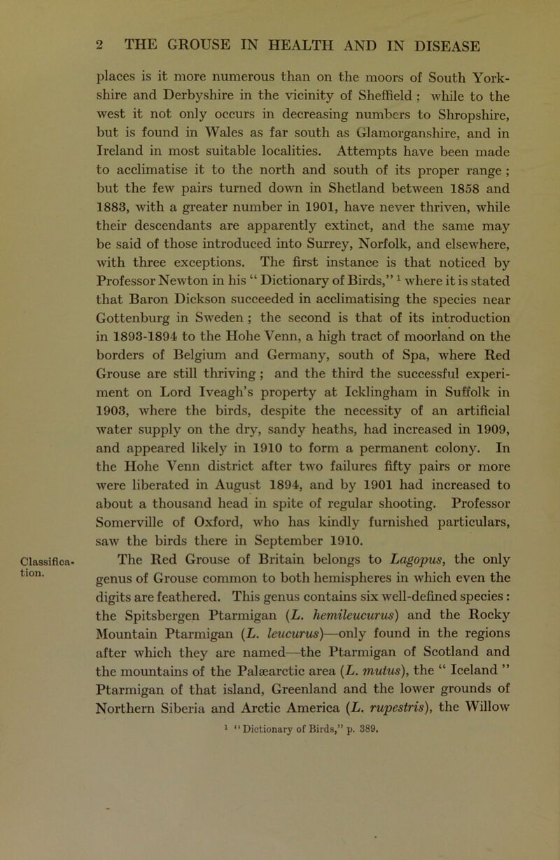 Classifica- tion. places is it more numerous than on the moors of South York- shire and Derbyshire in the vicinity of Sheffield ; while to the west it not only occurs in decreasing numbers to Shropshire, but is found in Wales as far south as Glamorganshire, and in Ireland in most suitable localities. Attempts have been made to acclimatise it to the north and south of its proper range ; but the few pairs turned down in Shetland between 1858 and 1883, with a greater number in 1901, have never thriven, while their descendants are apparently extinct, and the same may be said of those introduced into Surrey, Norfolk, and elsewhere, with three exceptions. The first instance is that noticed by Professor Newton in his “ Dictionary of Birds,” 1 where it is stated that Baron Dickson succeeded in acclimatising the species near Gottenburg in Sweden ; the second is that of its introduction in 1893-1894 to the Hohe Venn, a high tract of moorland on the borders of Belgium and Germany, south of Spa, where Red Grouse are still thriving; and the third the successful experi- ment on Lord Iveagh’s property at Icklingham in Suffolk in 1903, where the birds, despite the necessity of an artificial water supply on the dry, sandy heaths, had increased in 1909, and appeared likely in 1910 to form a permanent colony. In the Hohe Venn district after two failures fifty pairs or more were liberated in August 1894, and by 1901 had increased to about a thousand head in spite of regular shooting. Professor Somerville of Oxford, who has kindly furnished particulars, saw the birds there in September 1910. The Red Grouse of Britain belongs to Lagopus, the only genus of Grouse common to both hemispheres in which even the digits are feathered. This genus contains six well-defined species: the Spitsbergen Ptarmigan (L. hemileucurm) and the Rocky Mountain Ptarmigan (L. leucurus)—only found in the regions after which they are named—the Ptarmigan of Scotland and the mountains of the Palaearctic area (L. mutus), the “ Iceland ” Ptarmigan of that island, Greenland and the lower grounds of Northern Siberia and Arctic America (L. rupestris), the Willow 1 “Dictionary of Birds,” p. 389.