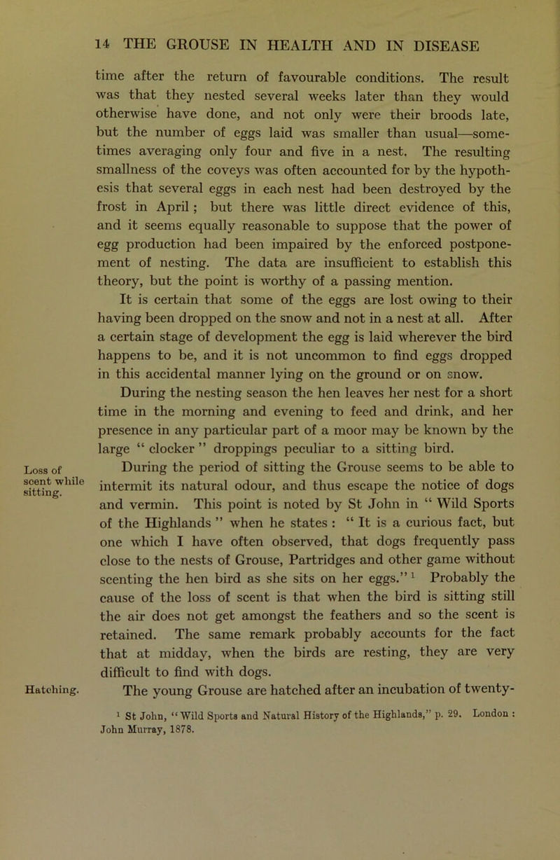 Loss of scent while sitting. Hatching. time after the return of favourable conditions. The result was that they nested several weeks later than they would otherwise have done, and not only were their broods late, but the number of eggs laid was smaller than usual—some- times averaging only four and five in a nest. The resulting smallness of the coveys was often accounted for by the hypoth- esis that several eggs in each nest had been destroyed by the frost in April; but there was little direct evidence of this, and it seems equally reasonable to suppose that the power of egg production had been impaired by the enforced postpone- ment of nesting. The data are insufficient to establish this theory, but the point is worthy of a passing mention. It is certain that some of the eggs are lost owing to their having been dropped on the snow and not in a nest at all. After a certain stage of development the egg is laid wherever the bird happens to be, and it is not uncommon to find eggs dropped in this accidental manner lying on the ground or on snow. During the nesting season the hen leaves her nest for a short time in the morning and evening to feed and drink, and her presence in any particular part of a moor may be known by the large “ clocker ” droppings peculiar to a sitting bird. During the period of sitting the Grouse seems to be able to intermit its natural odour, and thus escape the notice of dogs and vermin. This point is noted by St John in “ Wild Sports of the Highlands ” when he states : “ It is a curious fact, but one which I have often observed, that dogs frequently pass close to the nests of Grouse, Partridges and other game without scenting the hen bird as she sits on her eggs.” 1 Probably the cause of the loss of scent is that when the bird is sitting still the air does not get amongst the feathers and so the scent is retained. The same remark probably accounts for the fact that at midday, when the birds are resting, they are very difficult to find with dogs. The young Grouse are hatched after an incubation of twenty- 1 St John, “Wild Sports and Natural History of the Highlands,” p. 29. London : John Murray, 1878.