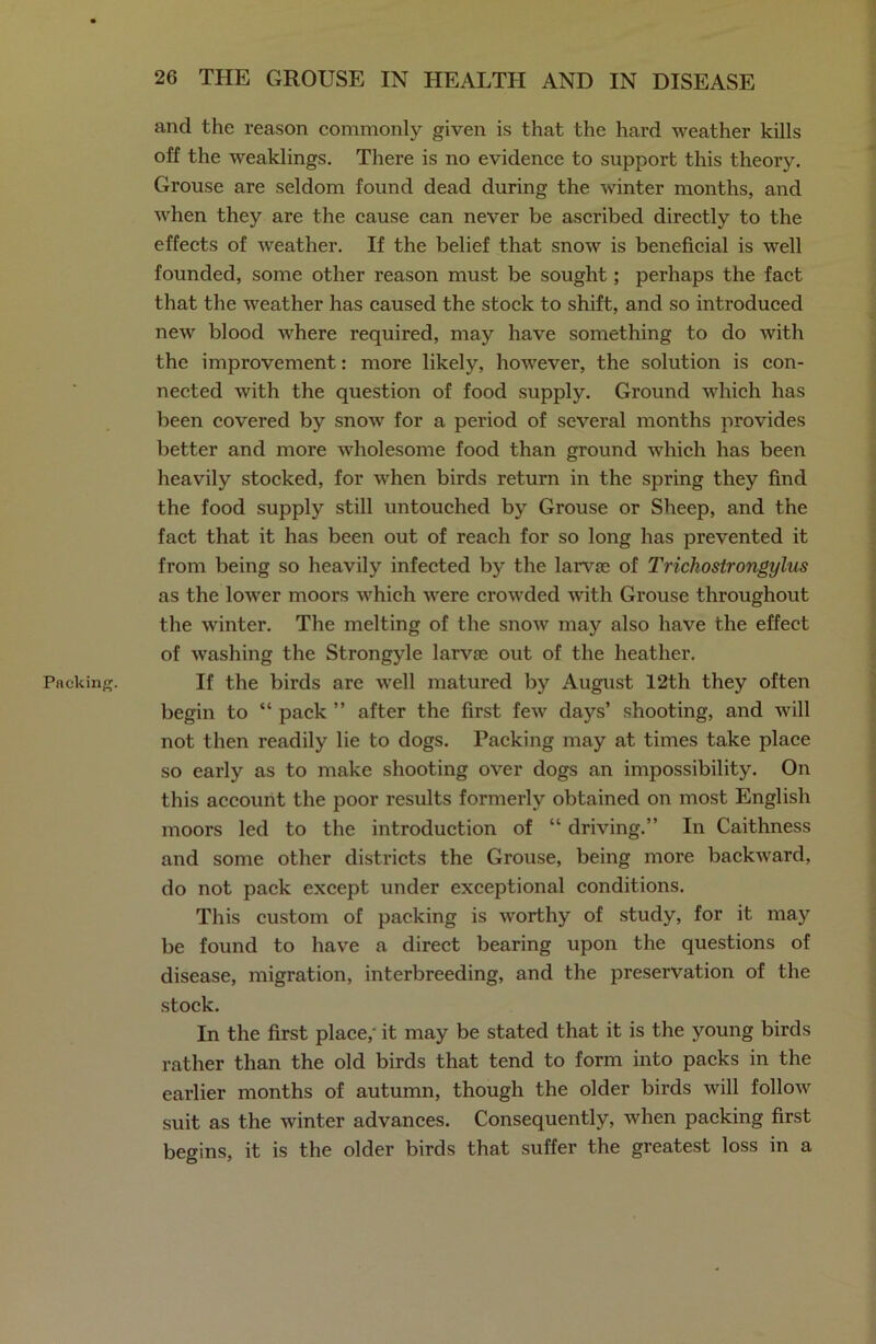 Packing. and the reason commonly given is that the hard weather kills off the weaklings. There is no evidence to support this theory. Grouse are seldom found dead during the winter months, and when they are the cause can never be ascribed directly to the effects of weather. If the belief that snow is beneficial is well founded, some other reason must be sought; perhaps the fact that the weather has caused the stock to shift, and so introduced new blood where required, may have something to do with the improvement: more likely, however, the solution is con- nected with the question of food supply. Ground which has been covered by snow for a period of several months provides better and more wholesome food than ground which has been heavily stocked, for when birds return in the spring they find the food supply still untouched by Grouse or Sheep, and the fact that it has been out of reach for so long has prevented it from being so heavily infected by the larvae of Trichostrongylus as the lower moors which were crowded with Grouse throughout the winter. The melting of the snow may also have the effect of washing the Strongyle larvae out of the heather. If the birds are well matured by August 12th they often begin to “ pack ” after the first few days’ shooting, and will not then readily lie to dogs. Packing may at times take place so early as to make shooting over dogs an impossibility. On this account the poor results formerly obtained on most English moors led to the introduction of “ driving.” In Caithness and some other districts the Grouse, being more backward, do not pack except under exceptional conditions. This custom of packing is worthy of study, for it may be found to have a direct bearing upon the questions of disease, migration, interbreeding, and the preservation of the stock. In the first place; it may be stated that it is the young birds rather than the old birds that tend to form into packs in the earlier months of autumn, though the older birds will follow suit as the winter advances. Consequently, when packing first begins, it is the older birds that suffer the greatest loss in a