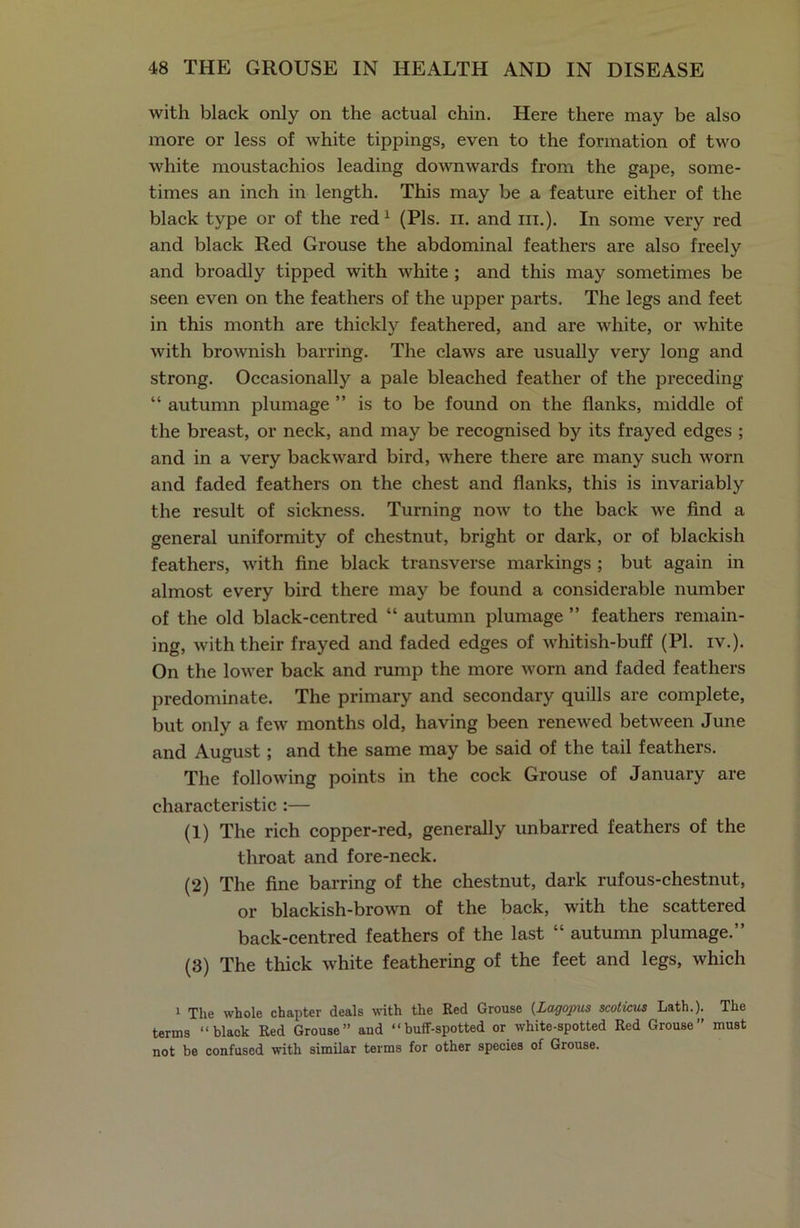 with black only on the actual chin. Here there may be also more or less of white tippings, even to the formation of two white moustachios leading downwards from the gape, some- times an inch in length. This may be a feature either of the black type or of the red1 (Pis. n. and hi.). In some very red and black Red Grouse the abdominal feathers are also freely and broadly tipped with white ; and this may sometimes be seen even on the feathers of the upper parts. The legs and feet in this month are thickly feathered, and are white, or white with brownish barring. The claws are usually very long and strong. Occasionally a pale bleached feather of the preceding “ autumn plumage ” is to be found on the flanks, middle of the breast, or neck, and may be recognised by its frayed edges ; and in a very backward bird, where there are many such worn and faded feathers on the chest and flanks, this is invariably the result of sickness. Turning now to the back we find a general uniformity of chestnut, bright or dark, or of blackish feathers, with fine black transverse markings ; but again in almost every bird there may be found a considerable number of the old black-centred “ autumn plumage ” feathers remain- ing, with their frayed and faded edges of whitish-buff (PI. iv.). On the lower back and rump the more worn and faded feathers predominate. The primary and secondary quills are complete, but only a few months old, having been renewed between June and August ; and the same may be said of the tail feathers. The following points in the cock Grouse of January are characteristic :— (1) The rich copper-red, generally unbarred feathers of the throat and fore-neck. (2) The fine barring of the chestnut, dark rufous-chestnut, or blackish-brown of the back, with the scattered back-centred feathers of the last “ autumn plumage.” (3) The thick white feathering of the feet and legs, which 1 The whole chapter deals with the Red Grouse (Lagopus scoticus Lath.). The terms “black Red Grouse” aud “buff-spotted or white-spotted Red Grouse” must not be confused with similar terms for other species of Grouse.