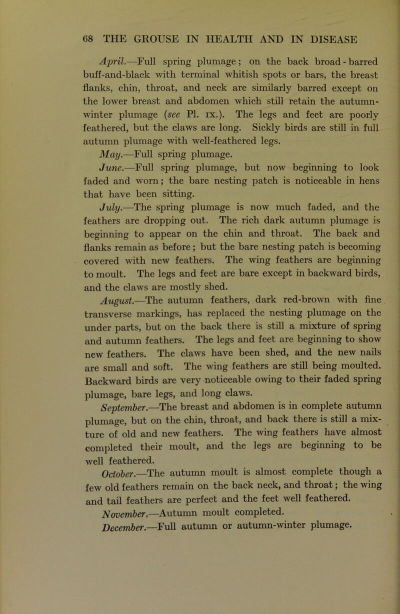 April.—Full spring plumage ; on the back broad - barred buff-and-black with terminal whitish spots or bars, the breast flanks, chin, throat, and neck are similarly barred except on the lower breast and abdomen which still retain the autumn- winter plumage (see PI. ix.). The legs and feet are poorly feathered, but the claws are long. Sickly birds are still in full autumn plumage with well-feathered legs. May.—Full spring plumage. June.—Full spring plumage, but now beginning to look faded and worn; the bare nesting patch is noticeable in hens that have been sitting. July.—The spring plumage is now much faded, and the feathers are dropping out. The rich dark autumn plumage is beginning to appear on the chin and throat. The back and flanks remain as before; but the bare nesting patch is becoming covered with new feathers. The wing feathers are beginning to moult. The legs and feet are bare except in backward birds, and the claws are mostly shed. August.—The autumn feathers, dark red-brown with fine transverse markings, has replaced the nesting plumage on the under parts, but on the back there is still a mixture of spring and autumn feathers. The legs and feet are beginning to show new feathers. The claws have been shed, and the new nails are small and soft. The wing feathers are still being moulted. Backward birds are very noticeable owing to their faded spring plumage, bare legs, and long claws. September.—The breast and abdomen is in complete autumn plumage, but on the chin, throat, and back there is still a mix- ture of old and new feathers. The wing feathers have almost completed their moult, and the legs are beginning to be well feathered. October.—The autumn moult is almost complete though a few old feathers remain on the back neck, and throat; the wing and tail feathers are perfect and the feet well feathered. November.—Autumn moult completed. December.—Full autumn or autumn-winter plumage.