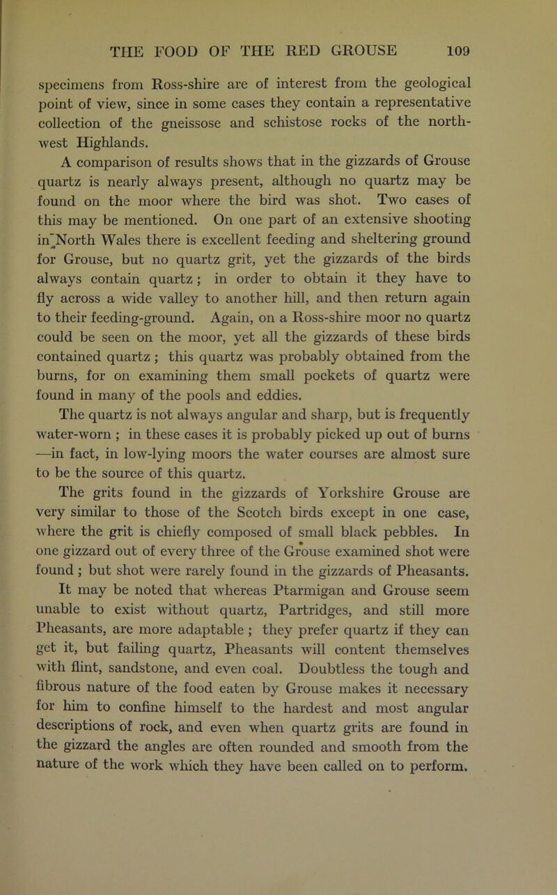 specimens from Ross-shire are of interest from the geological point of view, since in some cases they contain a representative collection of the gneissose and schistose rocks of the north- west Highlands. A comparison of results shows that in the gizzards of Grouse quartz is nearly always present, although no quartz may be found on the moor where the bird was shot. Two cases of this may be mentioned. On one part of an extensive shooting in’North Wales there is excellent feeding and sheltering ground for Grouse, but no quartz grit, yet the gizzards of the birds always contain quartz ; in order to obtain it they have to fly across a wide valley to another hill, and then return again to their feeding-ground. Again, on a Ross-shire moor no quartz could be seen on the moor, yet all the gizzards of these birds contained quartz; this quartz was probably obtained from the burns, for on examining them small pockets of quartz were found in many of the pools and eddies. The quartz is not always angular and sharp, but is frequently water-worn ; in these cases it is probably picked up out of burns —in fact, in low-lying moors the water courses are almost sure to be the source of this quartz. The grits found in the gizzards of Yorkshire Grouse are very similar to those of the Scotch birds except in one case, where the grit is chiefly composed of small black pebbles. In one gizzard out of every three of the Grouse examined shot were found; but shot were rarely found in the gizzards of Pheasants. It may be noted that whereas Ptarmigan and Grouse seem unable to exist without quartz, Partridges, and still more Pheasants, are more adaptable ; they prefer quartz if they can get it, but failing quartz, Pheasants will content themselves with flint, sandstone, and even coal. Doubtless the tough and fibrous nature of the food eaten by Grouse makes it necessary for him to confine himself to the hardest and most angular descriptions of rock, and even when quartz grits are found in the gizzard the angles are often rounded and smooth from the nature of the work which they have been called on to perform.