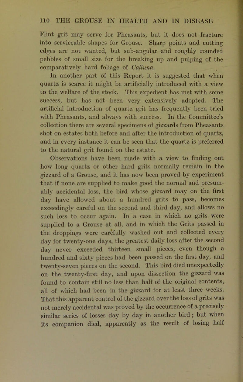 Flint grit may serve for Pheasants, but it does not fracture into serviceable shapes for Grouse. Sharp points and cutting edges are not wanted, but sub-angular and roughly rounded pebbles of small size for the breaking up and pulping of the comparatively hard foliage of Calluna. In another part of this Report it is suggested that when quartz is scarce it might be artificially introduced with a view to the welfare of the stock. This expedient has met with some success, but has not been very extensively adopted. The artificial introduction of quartz grit has frequently been tried with Pheasants, and always with success. In the Committee’s collection there are several specimens of gizzards from Pheasants shot on estates both before and after the introduction of quartz, and in every instance it can be seen that the quartz is preferred to the natural grit found on the estate. Observations have been made with a view to finding out how long quartz or other hard grits normally remain in the gizzard of a Grouse, and it has now been proved by experiment that if none are supplied to make good the normal and presum- ably accidental loss, the bird whose gizzard may on the first day have allowed about a hundred grits to pass, becomes exceedingly careful on the second and third day, and allows no such loss to occur again. In a case in which no grits were supplied to a Grouse at all, and in which the Grits passed in the droppings were carefully washed out and collected every day for twenty-one days, the greatest daily loss after the second day never exceeded thirteen small pieces, even though a hundred and sixty pieces had been passed on the first day, and twenty-seven pieces on the second. This bird died unexpectedly on the twenty-first day, and upon dissection the gizzard was found to contain still no less than half of the original contents, all of which had been in the gizzard for at least three weeks. That this apparent control of the gizzard over the loss of grits was not merely accidental was proved by the occurrence of a precisely similar series of losses day by day in another bird ; but when its companion died, apparently as the result of losing half