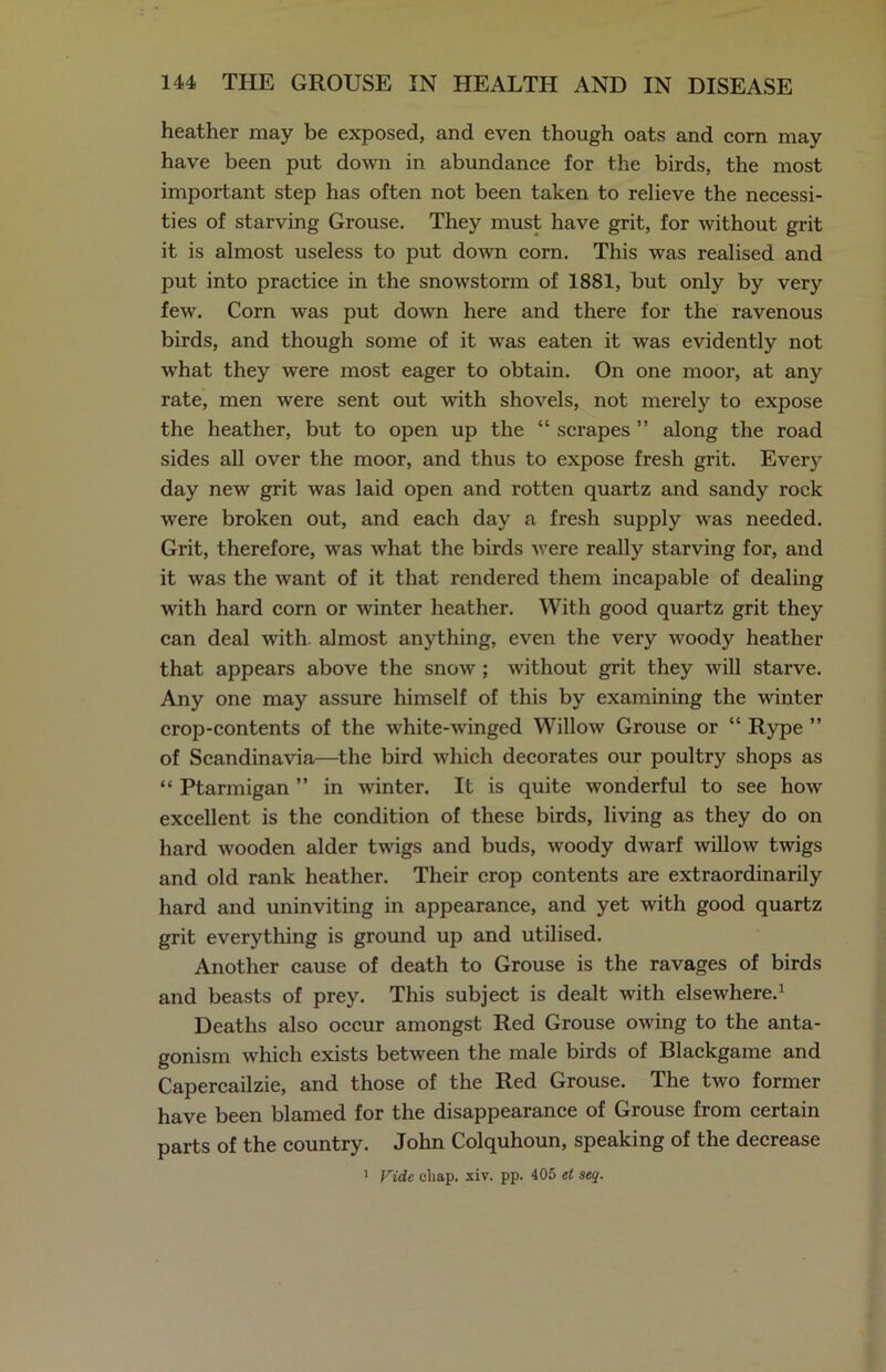 heather may be exposed, and even though oats and corn may have been put down in abundance for the birds, the most important step has often not been taken to relieve the necessi- ties of starving Grouse. They must have grit, for without grit it is almost useless to put down corn. This was realised and put into practice in the snowstorm of 1881, but only by very few. Corn was put down here and there for the ravenous birds, and though some of it was eaten it was evidently not what they were most eager to obtain. On one moor, at any rate, men were sent out with shovels, not merely to expose the heather, but to open up the “ scrapes ” along the road sides all over the moor, and thus to expose fresh grit. Every day new grit was laid open and rotten quartz and sandy rock were broken out, and each day a fresh supply was needed. Grit, therefore, was what the birds were really starving for, and it was the want of it that rendered them incapable of dealing with hard corn or winter heather. With good quartz grit they can deal with almost anything, even the very woody heather that appears above the snow ; without grit they will starve. Any one may assure himself of this by examining the winter crop-contents of the white-winged Willow Grouse or “ Rype ” of Scandinavia—the bird which decorates our poultry shops as “ Ptarmigan ” in winter. It is quite wonderful to see how excellent is the condition of these birds, living as they do on hard wooden alder twigs and buds, woody dwarf willow twigs and old rank heather. Their crop contents are extraordinarily hard and uninviting in appearance, and yet with good quartz grit everything is ground up and utilised. Another cause of death to Grouse is the ravages of birds and beasts of prey. This subject is dealt with elsewhere.1 Deaths also occur amongst Red Grouse owing to the anta- gonism which exists between the male birds of Blackgame and Capercailzie, and those of the Red Grouse. The two former have been blamed for the disappearance of Grouse from certain parts of the country. John Colquhoun, speaking of the decrease Vide chap. xiv. pp. 405 et seq. 1