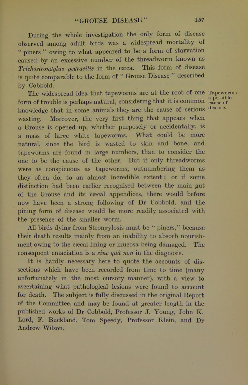 During the whole investigation the only form of disease observed among adult birds was a widespread mortality of “ piners ” owing to what appeared to be a form of starvation caused by an excessive number of the threadworm known as Trichostrongylus pegracilis in the cseca. This form of disease is quite comparable to the form of “ Grouse Disease described by Cobbold. The widespread idea that tapeworms are at the root of one form of trouble is perhaps natural, considering that it is common knowledge that in some animals they are the cause of serious wasting. Moreover, the very first thing that appears when a Grouse is opened up, whether purposely or accidentally, is a mass of large white tapeworms. What could be more natural, since the bird is wasted to skin and bone, and tapeworms are found in large numbers, than to consider the one to be the cause of the other. But if only threadworms were as conspicuous as tapeworms, outnumbering them as they often do, to an almost incredible extent; or if some distinction had been earlier recognised between the main gut of the Grouse and its caecal appendices, there would before now have been a strong following of Dr Cobbold, and the pining form of disease would be more readily associated with the presence of the smaller worm. All birds dying from Strongylosis must be “ piners,” because their death results mainly from an inability to absorb nourish- ment owing to the caecal lining or mucosa being damaged. The consequent emaciation is a sine qua non in the diagnosis. It is hardly necessary here to quote the accounts of dis- sections which have been recorded from time to time (many unfortunately in the most cursory manner), with a view to ascertaining what pathological lesions were found to account for death. The subject is fully discussed in the original Report of the Committee, and may be found at greater length in the published works of Dr Cobbold, Professor J. Young, John K. Lord, F. Buckland, Tom Speedy, Professor Klein, and Dr Andrew Wilson. Tapeworms a possible cause of disease.