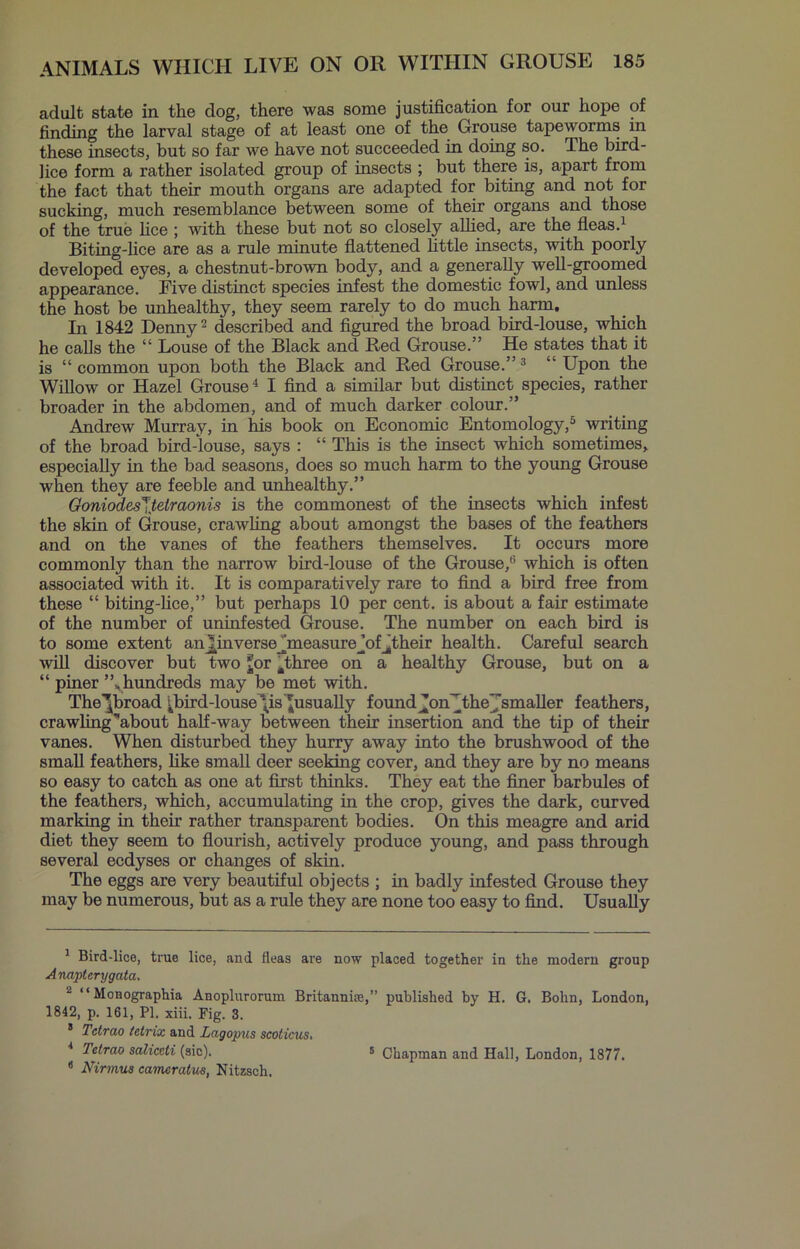 adult state in tlie dog, there was some justification for our hope of finding the larval stage of at least one of the Grouse tapeworms in these insects, but so far we have not succeeded in doing so. The bird- lice form a rather isolated group of insects ; but there is, apart from the fact that their mouth organs are adapted for biting and not for sucking, much resemblance between some of their organs and those of the true lice ; with these but not so closely allied, are the fleas.1 Biting-lice are as a rule minute flattened little insects, with poorly developed eyes, a chestnut-brown body, and a generally well-groomed appearance. Five distinct species infest the domestic fowl, and unless the host be unhealthy, they seem rarely to do much harm. In 1842 Denny2 described and figured the broad bird-louse, which he calls the “ Louse of the Black and Red Grouse.” He states that it is “common upon both the Black and Red Grouse.” 3 “ Upon the Willow or Hazel Grouse4 I find a similar but distinct species, rather broader in the abdomen, and of much darker colour.” Andrew Murray, in ids book on Economic Entomology,5 writing of the broad bird-louse, says : “ This is the insect which sometimes, especially in the bad seasons, does so much harm to the young Grouse when they are feeble and unhealthy.” Goniodes^teiraonis is the commonest of the insects which infest the skin of Grouse, crawling about amongst the bases of the feathers and on the vanes of the feathers themselves. It occurs more commonly than the narrow bird-louse of the Grouse/’ which is often associated with it. It is comparatively rare to find a bird free from these “ biting-lice,” but perhaps 10 per cent, is about a fair estimate of the number of uninfested Grouse. The number on each bird is to some extent an^inverse/measure/of^their health. Careful search will discover but two £or ^three on a healthy Grouse, but on a “ piner ’’^hundreds may be met with. The^broad ^bird-louse \is ^usually found_^on^ the/smaller feathers, crawling''about half-way between their insertion and the tip of their vanes. When disturbed they hurry away into the brushwood of the small feathers, like small deer seeking cover, and they are by no means so easy to catch as one at first thinks. They eat the finer barbules of the feathers, which, accumulating in the crop, gives the dark, curved marking in their rather transparent bodies. On this meagre and arid diet they seem to flourish, actively produce young, and pass through several ecdyses or changes of skin. The eggs are very beautiful objects ; in badly infested Grouse they may be numerous, but as a rule they are none too easy to find. Usually 1 Bird-lice, true lice, and fleas are now placed together in the modern group Anapterygata. “Monographia Anoplurorum Britannia;,” published by H. G. Bohn, London, 1842, p. 161, PI. xiii. Fig. 3. 8 Tctrao tetrix and Lagopus scoticus. 4 Telrao saliccti (sic). 5 Chapman and Hall, London, 1877. 6 Nirmus earneratus, Nitzsch.
