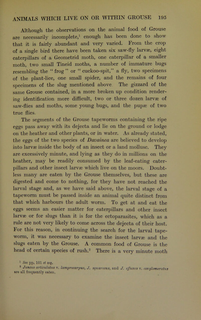 Although the observations on the animal food of Grouse are necessarily incomplete,1 enough has been done to show that it is fairly abundant and very varied. From the crop of a single bird there have been taken six saw-fly larvae, eight caterpillars of a Geometrid moth, one caterpillar of a smaller moth, two small Tineid moths, a number of immature bugs resembling the “ frog ” or “ cuckoo-spit,” a fly, two specimens of the plant-lice, one small spider, and the remains of four specimens of the slug mentioned above The gizzard of the same Grouse contained, in a more broken up condition render- ing identification more difficult, two or three dozen larvae of saw-flies and moths, some young bugs, and the pupae of two true flies. The segments of the Grouse tapeworms containing the ripe eggs pass away with its dejecta and lie on the ground or lodge on the heather and other plants, or in water. As already stated, the eggs of the two species of Davainea are believed to develop into larvae inside the body of an insect or a land mollusc. They are excessively minute, and lying as they do in millions on the heather, may be readily consumed by the leaf-eating cater- pillars and other insect larvae which live on the moors. Doubt- less many are eaten by the Grouse themselves, but these are digested and come to nothing, for they have not reached the larval stage and, as we have said above, the larval stage of a tapeworm must be passed inside an animal quite distinct from that which harbours the adult worm. To get at and eat the eggs seems an easier matter for caterpillars and other insect larvae or for slugs than it is for the ectoparasites, which as a rule are not very likely to come across the dejecta of their host. For this reason, in continuing the search for the larval tape- worm, it was necessary to examine the insect larvae and the slugs eaten by the Grouse. A common food of Grouse is the head of certain species of rush.2 There is a very minute moth 1 See pp. 101 et seq. 2 Juncus articulatus v. lamprocarpus, J. squarosus, and J. effuses v. conglomerates are all frequently eaten.