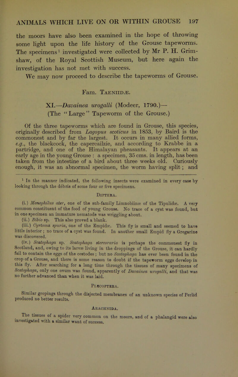 the moors have also been examined in the hope of throwing some light upon the life history of the Grouse tapeworms. The specimens1 investigated were collected by Mr P. H. Grim- shaw, of the Royal Scottish Museum, but here again the investigation has not met with success. We may now proceed to describe the tapeworms of Grouse. Fam. Taeniid^e. XI.—Davainea urogalli (Modeer, 1790.)— (The “Large” Tapeworm of the Grouse.) Of the three tapeworms which are found in Grouse, this species, originally described from Lagopus scoticus in 1853, by Baird is the commonest and by far the largest. It occurs in many allied forms, e.g., the blackcock, the capercailzie, and according to Krabbe in a partridge, and one of the Himalayan pheasants. It appears at an early age in the young Grouse : a specimen, 35 cms. in length, has been taken from the intestine of a bird about three weeks old. Curiously enough, it was an abnormal specimen, the worm having split; and 1 In the manner indicated, the following insects were examined in every case by looking through the d6bris of some four or five specimens. Diptera. (i.) Monophilus ater, one of the sub-family Limnobiinse of the Tipulidee. A very common constituent of the food of young Grouse. No trace of a cyst was found, but in one specimen an immature nematode was wriggling about. (ii.) Bibio sp. This also proved a blank. (hi.) Gyrtoma spuria, one of the Erupidie. This fly is small and seemed to have little interior ; no trace of a cyst was found. In another small Empid fly a Gregarine was discovered. (iv.) Scatophaga sp. Scatophaga stercoraria is perhaps the commonest fly in Scotland, and, owing to its larvae living in the droppings of the Grouse, it can hardly fail to contain the eggs of the cestodes ; but no Scatophaga has ever been found in the crop of a Grouse, and there is some reason to doubt if the tapeworm eggs develop in this fly. After searching for a long time through the tissues of many specimens of Scatophaga, only one ovum was found, apparently of Davainea urogalli, and that was no further advanced than when it was laid. Plecoptera. Similar gropings through the disjected membranes of an unknown species of Perlid produced no better results. Arachnida. The tissues of a spider very common on the moors, and of a phalangid were also investigated with a similar want of success.