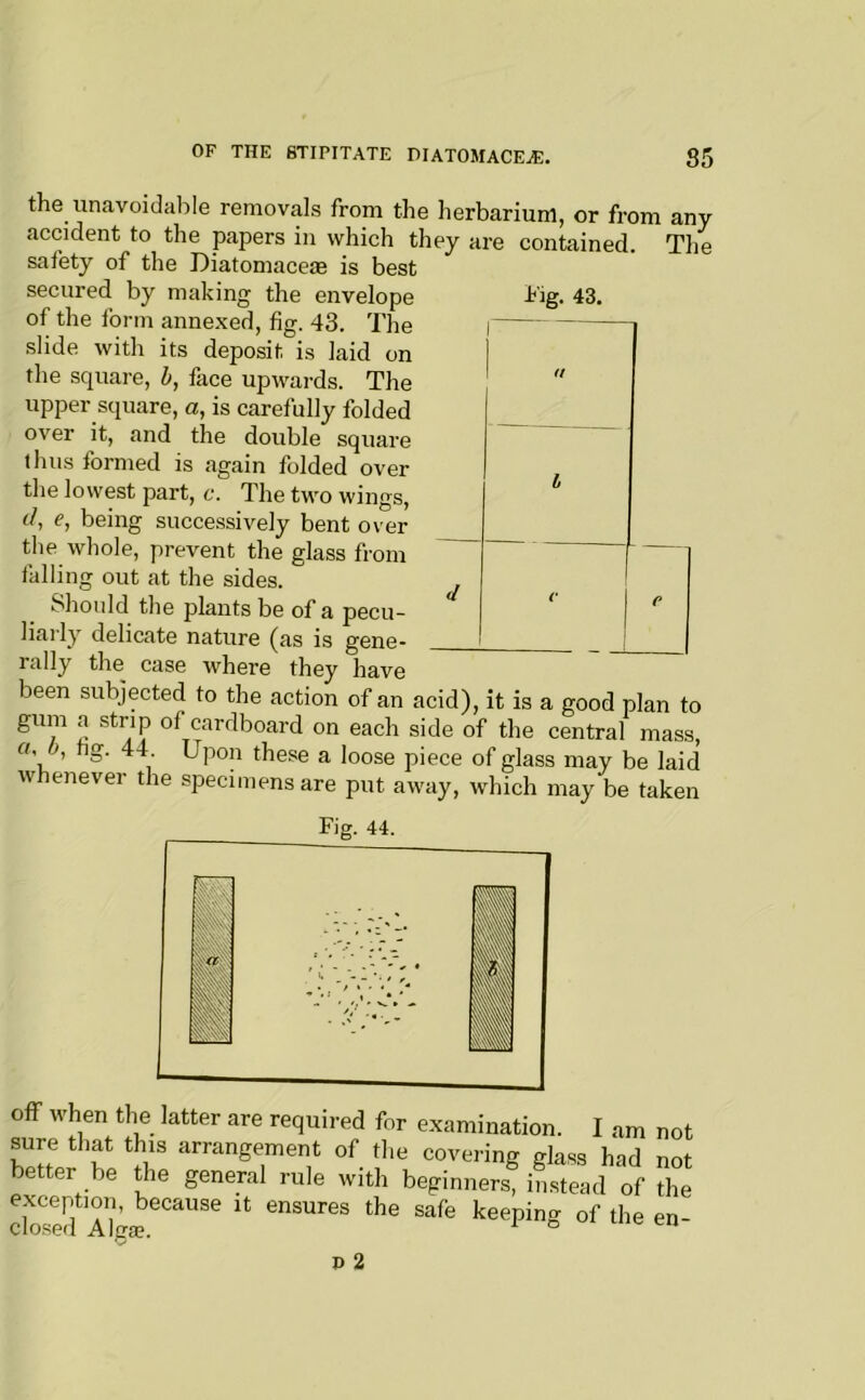 the unavoidable removals from the herbarium, or from any accident to the papers in which they are contained. The safety of the Diatomacem is best secured by making the envelope big. 43, of the Ibrm anne.xed, fig. 43. The | slide with its deposit is laid on I the square, b, face upwards. The  upper square, a, is carefully folded _ over it, and the double square thus formed is again folded over the lowest part, c. The turn wings, * </, e, being successively bent over the whole, prevent the glass from falling out at the sides. , ! been subjected to the action of an acid), it is a good plan to gum a strip of cardboard on each side of the central mass, a, 6, fig. 44. Upon these a loose piece of glass may be laid w enever the specimens are put away, which may be taken Should the plants be of a pecu- liarly delicate nature (as is gene- rally the case where they have C P Fig. 44. off when the latter are required for examination. I am sure that this arrangement, of tl.o ^ i ination. I am not ■ing glass had not