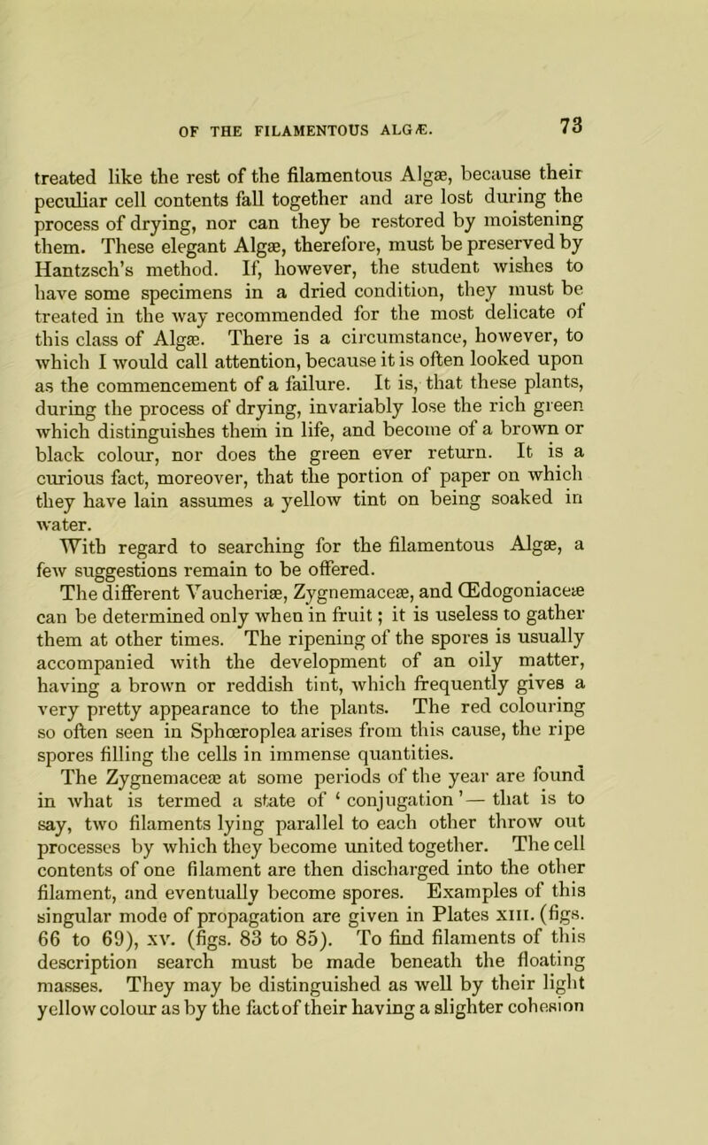 treated like the rest of the filamentous Algae, because their peculiar cell contents fall together and are lost during the process of drying, nor can they be restored by moistening them. These elegant Algae, therefore, must be preserved by Hantzsch’s method. If, however, the student wishes to have some specimens in a dried condition, they must be treated in the way recommended for the most delicate of this class of Algae. There is a circumstance, however, to which I would call attention, because it is often looked upon as the commencement of a failure. It is, that these plants, during the process of drying, invariably lose the rich green which distinguishes them in life, and become of a brown or black colour, nor does the green ever return. It is a curious fact, moreover, that the portion of paper on which they have lain assumes a yellow tint on being soaked in water. With regard to searching for the filamentous Algae, a few suggestions remain to be offered. The different Vaucherise, Zygnemaceae, and CEdogoniacete can be determined only when in fruit; it is useless to gather them at other times. The ripening of the spores is usually accompanied with the development of an oily matter, having a brown or reddish tint, which frequently gives a very pretty appearance to the plants. The red colouring so often seen in Sphoeroplea arises from this cause, the ripe spores filling the cells in immense quantities. The Zygnemaceaa at some periods of the year are found in what is termed a state of ‘conjugation’—that is to say, two filaments lying parallel to each other throw out processes by which they become united together. The cell contents of one filament are then discharged into the other filament, and eventually become spores. Examples of this singular mode of propagation are given in Plates xiii. (figs. 66 to 69), XV. (figs. 83 to 85). To find filaments of this description search must be made beneath the floating masses. They may be distinguished as well by their light yellow coloiu: as by the factof their having a slighter cohesion