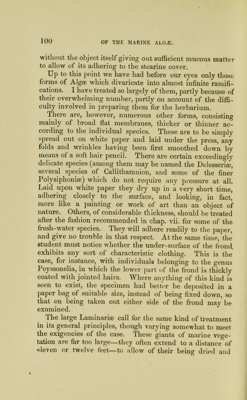 witliout tlie object itself giving out sufficient mucous matter to alloAv of its adhering to the stearine cover. Up to this point we have had before our eyes only those forms of Algae which divaricate into almost infinite ramifi- cations. I have treated so largely of them, partly because of their overwhelming number, partly on account of the diffi- culty involved in preparing them for the herbarium. There are, however, numerous other forms, consisting mainly of broad fiat membranes, thicker or thinner ac- cording to the individual species. These are to he simply spread out on Avhite paper and laid under the press, any folds and wi-inkles having been first smoothed down by means of a soft hair pencil. There are certain exceedingly delicate species (among them may be named the Delesseria;, .several species of Callithamnion, and some of the finer Polysiphonia;) which do not require any pressure at all. Laid upon white paper they dry up in a very short time, adhering closely to the surface, and looking, in fact, more like a painting or work of art than an object of nature. Others, of considerable thickness, should be treated after the fashion recommended in chap. vii. for some of the fresh-water species. They will adhere readily to the papei-, and give no trouble in that respect. At the same time, the student must notice whether the under-surface of the frond, exhibits any sort of charaeteristic clothing. This is the case, for instance, with individuals belonging to the genus Peyssonelia, in which the lower ]iart of the frond is thickly coated with jointed hairs. Where anything of this kind is seen to exist, the specimen had better be deposited in a paper bag of suitable size, instead of being fixed down, so that on being taken out either side of the frond may be examined. The large Laminariie call for the same kind of treatment in its general principles, though varying somewhat to meet the exigencies of the case. These giants of marine vege- tation are far too large—they often extend to a distance of eleven nr twelve feet—to allow of their being dried and