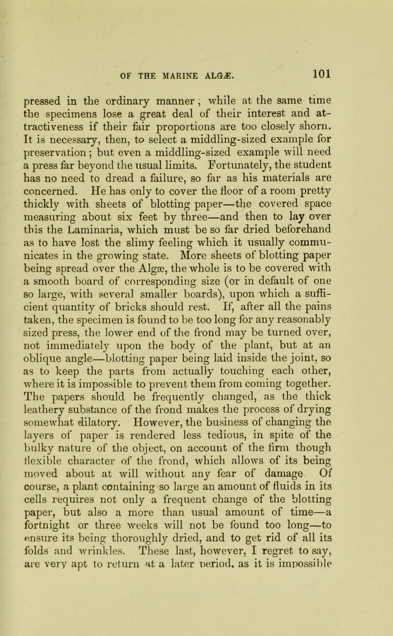 pressed in the ordinary manner ; while at the same time the specimens lose a great deal of their interest and at- tractiveness if their fair proportions are too closely shorn. It is necessary, then, to select a middling-sized example for preservation; but even a middling-sized example will need a press far beyond the usual limits. Fortunately, the student has no need to dread a failure, so far as his materials are concerned. He has only to cover the floor of a room pretty thickly with sheets of blotting paper—the covered space measuring about six feet by three—and then to lay over this the Laminaria, which must be so far dried beforehand as to have lost the slimy feeling which it usually commu- nicates in the growing state. More sheets of blotting paper being spread over the Algae, the whole is to be covered with a smooth board of corresponding size (or in default of one so large, with several smaller boards), upon which a sufii- cient quantity of bricks should rest. If, after all the pains taken, the specimen is found to be too long for any reasonably sized press, the lower end of the frond may be turned over, not immediately upon the body of the plant, but at an oblique angle—blotting paper being laid inside the joint, so as to keep the parts from actually touching each other, where it is impossible to prevent them from coming together. The papers should be fi’equently changed, as the thick leathery substance of the frond makes the process of drying somewhat dilatory. However, the business of changing the layers of paper is rendered less tedious, in spite of the bulky nature of the object, on account of the firm though tiexible character of the frond, which allows of its being moved about at will without any fear of damage Of course, a plant containing so large an amount of fluids in its cells requires not only a frequent change of the blotting paper, but also a more than usual amount of time—a fortnight or three weeks will not be found too long—to ensure its being thoroughly dried, and to get rid of all its folds and wrinkles. These last, however, I regret to say, are very apt to return at a later neriod, as it is impossible