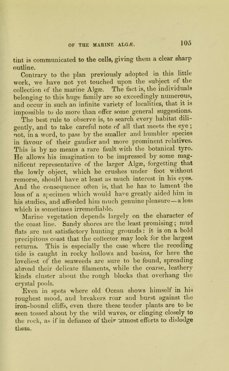 tiut is conimimicated to the cells, giving them a clear sharp outline. Contrary to the plan previously adopted in this little work, we have not yet touched upon the subject of the collection of the marine Algte. The fact is, the individuals belonging to this huge family are so exceedingly numerous, and occur in such an infinite variety of localities, that it is impossible to do more than offer some general suggestions. The best rule to observe is, to search every habitat dili- gently, and to take careful note of all that meets the eye ; not, in a word, to pass by the smaller and humbler species in favour of their gaudier and more prominent relatives. This is by no means a rare fault with the botanical tyro. He allows his imagination to be impressed by some mag- nificent representative of the larger Algffi, forgetting that the lowly object, which he crushes under foot without remorse, should have at least as much interest in his eyes. And the consequence often is, that he has to lament the loss of a specimen which would have greatly aided him in his studies, and afforded him much genuine pleasure—a loss which is sometimes irremediable. Marine vegetation depends largely on the character of the coast line. Sandy shores are the least promising; mud flats are not satisfactory hrmting grounds: it is on a bold precipitous coast that the collector may look for the largest returns. This is especially the case where the receding tide is caught in rocky hollows and basins, for here the loveliest of the seaweeds are sure to be found, spreading abroad their delicate filaments, while the coarse, leathery kinds cluster about the rough blocks that overhang the crystal pools. Even in spots vvhere old Ocean shows himself in his roughest mood, and breakei'S roar and burst against the iron-bound cliffs, even there these tender plants are to be seen to.ssed about by the wild waves, or clinging closely to the rock, as if in defiance of their utmost efforts to dislodge them.