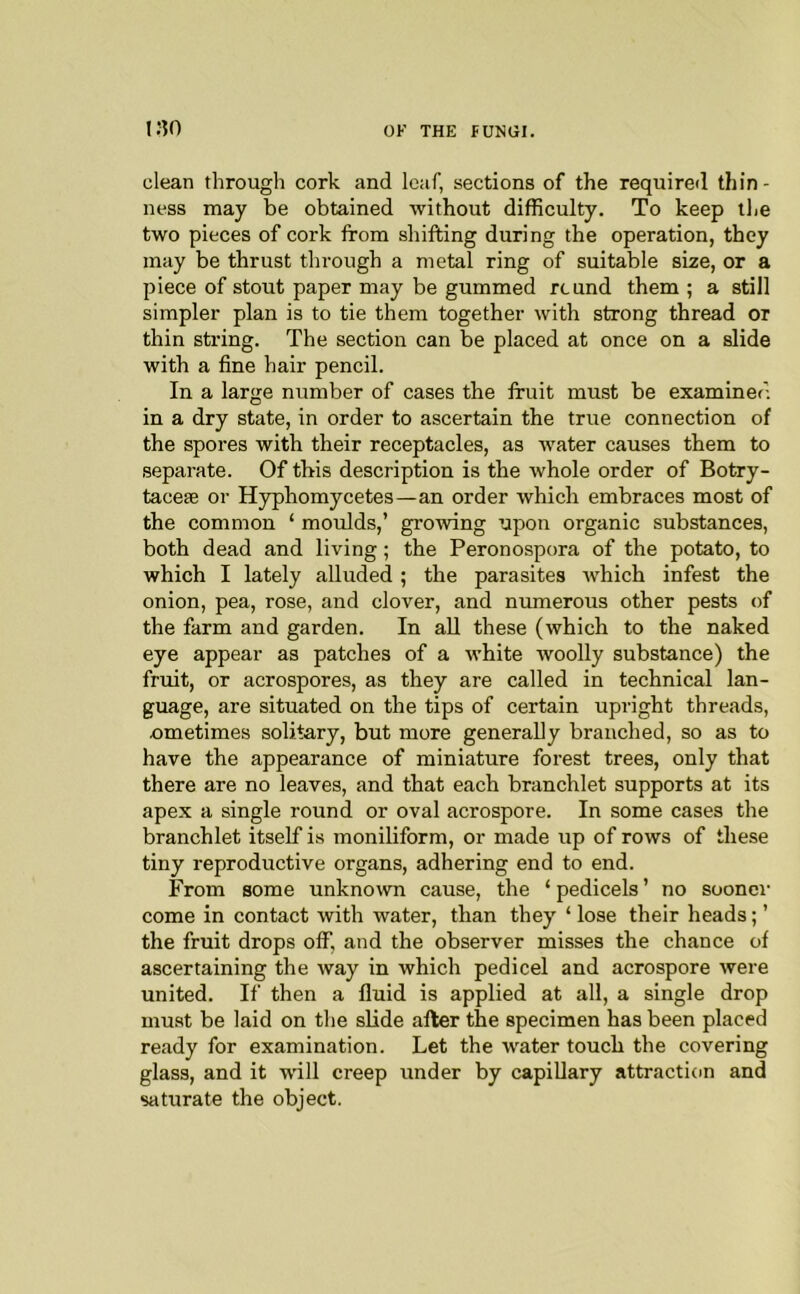 clean through cork and leaf, sections of the required thin- ness may be obtained without difficulty. To keep tlje two pieces of cork from shifting during the operation, they may be thrust through a metal ring of suitable size, or a piece of stout paper may be gummed rcund them ; a still simpler plan is to tie them together with strong thread or thin string. The section can be placed at once on a slide with a fine hair pencil. In a large number of cases the fruit must be examiner. in a dry state, in order to ascertain the true connection of the spores with their receptacles, as water causes them to separate. Of this description is the whole order of Botry- tacese or H3rphomycetes—an order which embraces most of the common ‘ moulds,’ growing upon organic substances, both dead and living; the Peronospora of the potato, to which I lately alluded; the parasites which infest the onion, pea, rose, and clover, and numerous other pests of the farm and garden. In aU these (which to the naked eye appear as patches of a white woolly substance) the fruit, or acrospores, as they are called in technical lan- guage, are situated on the tips of certain upright threads, ometimes solitary, but more generally branched, so as to have the appearance of miniature forest trees, only that there are no leaves, and that each branchlet supports at its apex a single round or oval acrospore. In some cases the branchlet itself is moniliform, or made up of rows of these tiny reproductive organs, adhering end to end. From some unknown cause, the ‘ pedicels ’ no sooner come in contact with water, than they ‘ lose their heads; ’ the fruit drops off*, and the observer misses the chance of ascertaining the way in which pedicel and acrospore were united. If then a fluid is applied at all, a single drop must be laid on the slide after the specimen has been placed ready for examination. Let the water touch the covering glass, and it ■null creep under by capillary attraction and saturate the object.