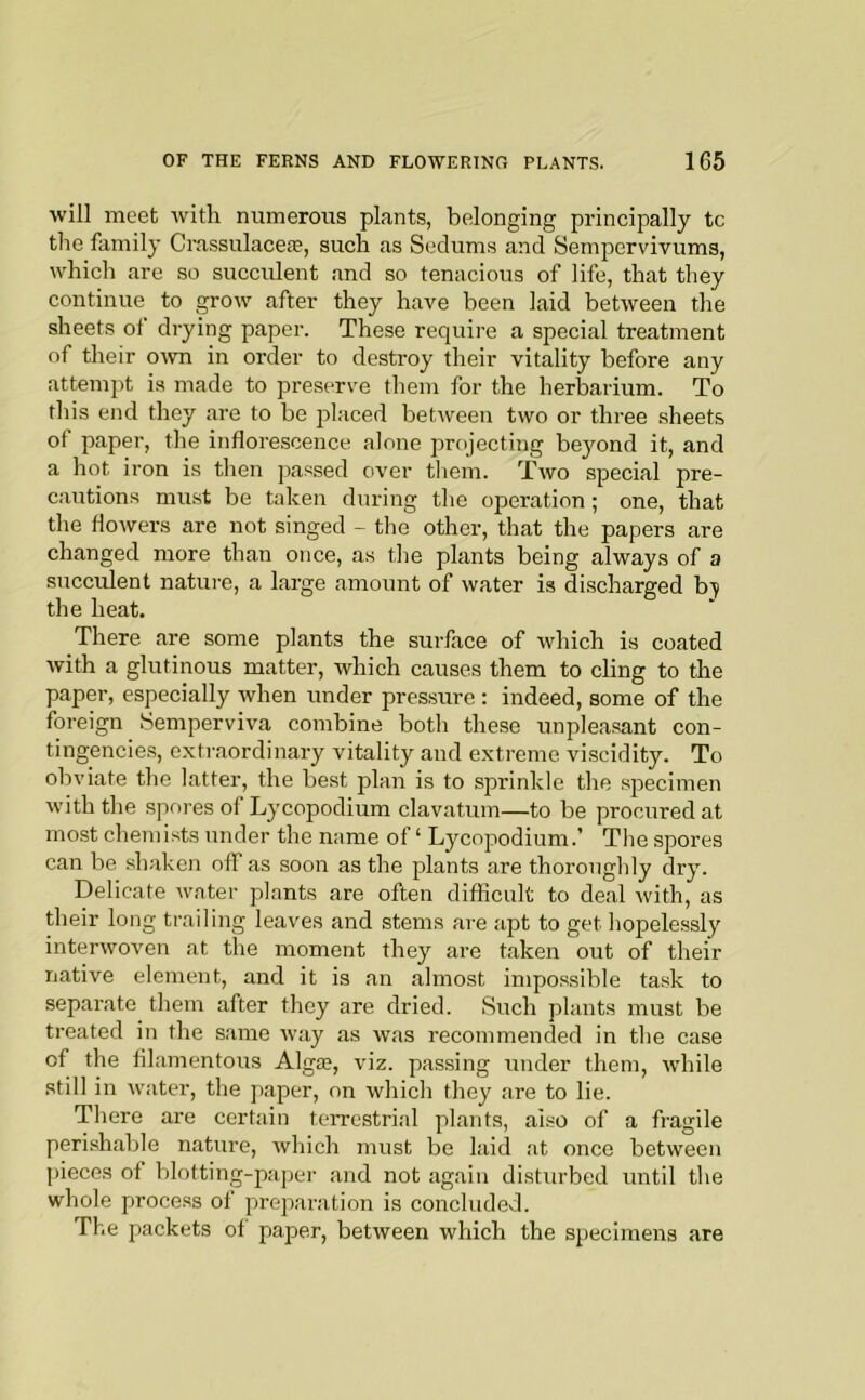 will meet Avith numerous plants, belonging principally tc the family Crassulaceie, such as Sedums and Sempervivums, which are so succulent and so tenacious of life, that they continue to grow after they have been laid between the sheets of drying paper. These require a special treatment of their oAvn in order to destroy their vitality before any attempt is made to preserve them for the herbarium. To this end they are to be placed between two or three sheets of paper, the inflorescence alone projecting beyond it, and a hot iron is then passed over them. Tavo special pre- cautions mu.st be taken during the operation; one, that the floAvers are not singed - the other, that the papers are changed more than once, as the plants being always of a succulent nature, a large amount of Avater is di.scharged b-y the heat. There are some plants the surface of Avhich is coated Avith a glutinous matter, Avhich causes them to cling to the paper, especially Avhen under pressure ; indeed, some of the foreign Semperviva combine both these unpleasant con- tingencies, extraordinaiy vitality and extreme viscidity. To obviate the latter, the best plan is to sprinkle the .specimen Aviththe spores of Lycopodium clavatum—to be procured at most chemists under the nnme of ‘ Lycopodium.’ The spores can be shaken off as soon as the plants are thoroughly dry. Delicate Avater plants are often difficult to deal Avith, as their long trailing leaves and stems are apt to get hopelessly interAvoven at the moment they are taken out of their native element, and it is an almost impio.ssible task to separate them after they are dried. Such plants must be treated in the same Avay as Avas recommended in the case of the fllamentous Algae, viz. passing under them, Avhile still in Avater, the paper, on Avhich they are to lie. There are certain teiTestrial plants, also of a fragile perishable nature, Avhich must be laid at once betAveen pieces of blotting-paper and not again disturbed until the whole p)roce.ss of preparation is concluded. The packets of paper, betAveen which the specimens are