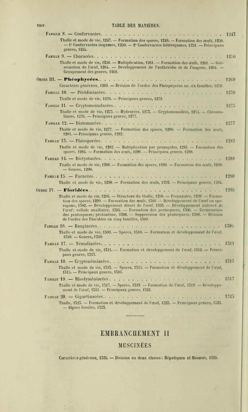 Famille 8. — Confervacées 1247 Thalle et mode de vie, 1217. — Formation des spores, 1219. — Formation des œufs, 1250. — 1° Confervacées isogames, 1250. — 2° Confervacées hétérogames, 1251. — Principaux genres, 1255. Famille 9. — Cliaracées 1256 Thalle et mode de vie, 1256. — Multiplication, 1261. — Formation des œufs, 1261. — Ger- mination de l'œuf, 1264. — Développement de l'anthéridie et de l’oogone, 1264. — Groupement des genres, 1268. Oruiie III. — Phéopliycées 1209 Caractères généraux, 1269. — Division de l'ordre des Phéophycées en six familles, 1270 Famille 10. — Péridiniacées 1270 Thalle et mode de vie, 1270. — Principaux genres, 1272. Famille 11. — Crvptomonadacées 1273 Thalle et mode de vie, 1273. — Hvdrurées, 1273. — Cryptomonadées, 1274. — Chromu- linées, 1276. — Principaux genres, 1277. Famille 12.— Dialomacces 1277 Thalle et mode de vie, 1277. — Formation des spores, 1280. — Formation des œufs, 1281. — Principaux genres, 12S2. Famille 13. —I’héosporées 1282 Thalle et mode de vie, 1282. — Multiplication par propagules, 1285. — Formation des spores, 1285. — Formation des œufs, 1286. — Principaux genres, 1288. Famille 14. — Dictyotacées 1288 Thalle et mode de vie, 1288. — Formation des spores, 1289. — Formation des œufs, 1290. — Genres, 1290. Famille 15. — Fucacées 1290 Thalle et mode de vie, 1290. — Formation des œufs, 1292. — Principaux genres, 1294. Ordre IV. — Floridées 1295 Thalle et mode de vie, 1295. — Structure du thalle, 1298. — Propagules, 1299. — Forma- tion des spores, 1299. — Formation des œufs, 1301. — Développement de l’œuf en spo- rogone, 1302. — Développement direct de l’œuf, 1303. — Développement indirect de l’œuf; cellule auxiliaire, 1305. — Formation des protospores, 1306. — Germination des protospoies; protonéme, 1308. — Suppression des protospores, 1308. — Division de l’ordre des Floridécs en cinq familles, 1309. Famille 16. — Bangiacées 1309 Thalle et mode de vie, 1309. — Spores, 1510. — Formation et développement de l’œuf, 1310. — Genres, 1310. Famille 17. — Némaliacées 1311 Thalle et mode de vie, 1311.— Formation et développement de l’œuf, 1512. — Princi- paux genres, 1313. Famille 18. —Crvptonémiacées 1313 Thalle et mode de vie, 1315. — Spores, 1315. — Formation et développement de l’œuf, 1515. — Principaux genres, 1316. Famille 19. — Rliodyméniacées 1317 Thalle et mode de vie, 1517. — Spores, 1519. — Formation de l’œuf, 1519 — Développe- ment de l'œuf, 1521. — Principaux genres, 1522. Famille 20. — Gigartinacées 1325 Thalle. 1323. — Formation et développement de l'œuf, 1525. — Principaux genres, 1325. — Algues fossiles, 1323. EMBRANCHEMENT II MUSCINÉES Caractères généraux, 1325. — Division en deux classes: Hépatiques et Mousses, 1325.