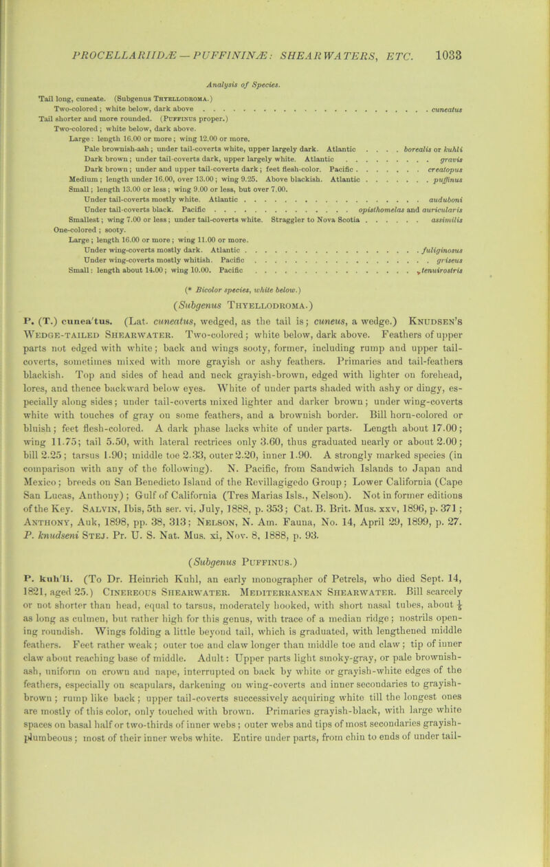 Analysis of Species. Tail long, cuneate. (Subgenus Thyellodroma.) Two-colored ; white below, dark above cunealus Tail shorter and more rounded. (Puffinus proper.) Two-colored ; white below, dark above. Large : length 16.00 or more; wing 12.00 or more. Pale brownish-ash ; under tail-coverts white, upper largely dark. Atlantic .... borealis or kuhli Dark brown; under tail-coverts dark, upper largely white. Atlantic gravis Dark brown; under and upper tail-coverts dark; feet flesh-color. Pacific creaiopus Medium ; length under 16.00, over 13.00; wing 9.25. Above blackish. Atlantic puffinus Small; length 13.00 or less ; wing 9.00 or less, but over 7.00. Under tail-coverts mostly white. Atlantic auduboni Under tail-coverts black. Pacific opisthomelas and auricularis Smallest; wing 7.00 or less; under tail-coverts white. Straggler to Nova Scotia assimilis One-colored ; sooty. Large ; length 16.00 or more ; wing 11.00 or more. Under wing-coverts mostly dark. Atlantic fuliginosus Under wing-coverts mostly whitish. Pacific griseus Small: length about 14.00; wing 10.00. Pacific ytenuirostris (* Bicolor species, white below.) (Subgenus Thyellodroma.) P. (T.) cunea'tus. (Lat. cuneatus, wedged, as the tail is; cuneus, a wedge.) Knudsen’s Wedge-tailed Shearwater. Two-colored; white below, dark above. Feathers of upper parts not edged with white; back and wings sooty, former, including rump and upper tail- coverts, sometimes mixed with more grayish or ashy feathers. Primaries and tail-feathers blackish. Top and sides of head and neck grayish-brown, edged with lighter on forehead, lores, and thence backward below eyes. White of under parts shaded with ashy or dingy, es- pecially along sides; under tail-coverts mixed lighter and darker brown; under wing-coverts white with touches of gray on some feathers, and a brownish border. Bill horn-colored or bluish; feet flesh-colored. A dark phase lacks white of under parts. Length about 17.00; wing 11.75; tail 5.50, with lateral rectrices only 3.60, thus graduated nearly or about 2.00; bill 2-25; tarsus 1.90; middle toe 2.33, outer 2.20, inner 1.90. A strongly marked species (in comparison with any of the following). N. Pacific, from Sandwich Islands to Japan and Mexico; breeds on San Benedicto Island of the Revillagigedo Group; Lower California (Cape San Lucas, Anthony) ; Gulf of California (Tres Marias Isis., Nelson). Not in former editions of the Key. Salvin, Ibis, 5th ser. vi. July, 1888, p. 353; Cat. B. Brit. Mus. xxv, 1896, p. 371; Anthony, Auk, 1898, pp. 38, 313; Nelson, N. Ain. Fauna, No. 14, April 29, 1899, p. 27. P. knudseni Stej. Pr. U. S. Nat. Mus. xi, Nov. 8, 1888, p. 93. (Subgenus Puffinus.) P. kuh'li. (To Dr. Heinrich Kuhl, an early monographer of Petrels, who died Sept. 14, 1821, aged 25.) Cinereous Shearwater. Mediterranean Shearwater. Bill scarcely or not shorter than head, equal to tarsus, moderately hooked, with short nasal tubes, about Js as long as culmen, but rather high for this genus, with trace of a median ridge; nostrils open- ing roundish. Wings folding a little beyond tail, which is graduated, with lengthened middle feathers. Feet rather weak; outer toe and claw longer than middle toe and claw; tip of inner claw about reaching base of middle. Adult: Upper parts light smoky-gray, or pale brownish- ash, uniform on crown aud nape, interrupted on back by white or grayish-white edges of the feathers, especially on scapulars, darkening on wing-coverts and inner secondaries to grayish- brown ; rump like back; upper tail-coverts successively acquiring white till the longest ones are mostly of this color, only touched with brown. Primaries grayish-black, with large white spaces on basal half or two-thirds of inner webs ; outer webs and tips of most secondaries grayish- plumbeous ; most of their inner webs white. Entire under parts, from chin to ends of under tail-