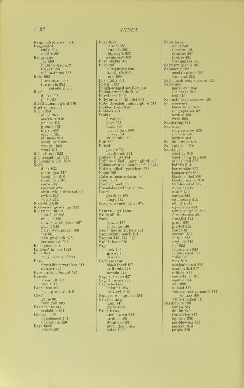 Ring-necked scaup 924 Ring-tailed eagle 695 marlin 827 Rio grande jay 500 meadow-lark 472 turkey 728 yellow-throat 338 Rissa 992 brevirostris 993 tridactyla 992 kotzebuei 993 River ducks 908 pink 333 Rivoli hummingbird 546 Road runner 605 Robin 250 allied 250 american 249 golden 475 ground 457 marsh 457 Oregon 251 st. lucas 250 sandpipers 822 western 250 wood 253 Robin-breast 822 Robin-sandpiper 822 Robin-snipe 808, 822 Rock duck 933 ptarmigan 745 sandpiper 818 sandpipers 817 snipe 818 sparrow 426 swift, white-throated 557 swifts 557 wrens 292 Rock-bird 818 Rock-wren guadalupe 292 Rocky mountain blue-bird 258 creeper 280 downy woodpecker 587 garrot 929 hairy woodpecker 586 jay 501 pine grosbeak 378 screech owl 634 Rode goose 903 Rodgers’ fulmar 1029 Rook 946 vocal organs of 213 Rose flycatching warblers 344 tanager 348 Rose-throated becard 535 Roseate spoonbill 868 tern 1013 Rose-breasted song grosbeak 448 Ross’ goose 901 rosy gull 998 Rostrhamus 654 sociabilis 654 Rostrum 105 of sphenoid 164 of sternum 150 Rosy iinch allcn.’s 387 Rosy finch baird’s 388 brandt’s 388 ridgwav’s 387 swainson’s 387 Rosy finches 386 Rosy gull bonaparte's 996 franklin’s 996 ross’ 998 Rosy gulls 994 Rotch 1080 Rough-winged swallow 356 Round-crested duck 949 Royal tern 1005 Ruby-crowned kinglet 261 Ruby-throated hummingbird 547 Rudder ducks 945 Rudders 121 Ruddy diver 946 dove 718 duck 946 horned lark 508 plover 824 shieldrake 909 Ruff 836 Ruffed grouse 741 heath-cock 741 Ruffs of birds 104 Rufous-bellied hummingbird 553 Rufous-crowned summer finch 425 Rufous-tailed flycatchers 518 Ruga; 108 Rules of nomenclature 80 Rump 100 Runner, road 605 Russet-backed thrush 255 Rusty grackles 480 hinge 482 Rusty-crowned falcon 674 Sabink’s gull 999 Sabre-bill 841 Sacral plexus 147 vertebra: 146 Sacro-iliac anchylosis 153 Sacro-sciatic notch 154 Sacrum 146, 147, 153 Saddle-back 986 Sage cock 736 grouse 735 hen 736 Sage sparrow black-faced 427 California 428 nevada 429 Sage sparrows 427 Sage thrasher 282 Sagmatorhina lathami 1067 suckleyi 1069 Saguaro woodpecker 594 Saint dontingo duck 947 grebe 1058 Saint lucas cactus wren 291 cardinal 456 flycatcher 631 pvrrhuloxia 454 red-tail 685 Saint lucas robin 250 sparrow 408 thrasher 287 towliee 401 woodpecker 583 Salivary glands 216 Salpinctes 292 guadalupensis 292 obsoletus 292 Salt marsh song sparrow 420 Salt-water marsh-hen 853 sheldrake 949 teal 946 Samuels’ song sparrow 420 San clemente house finch 383 song sparrow 421 towhee 460 wren 296 Sanderling 824 San diego song sparrow 420 sparrow 407 towhee 460 Sandhill crane 848 Sand-pigeons 706 Sandpiper aleutian 819 american green 833 ash-colored 822 baird’s 814 bartramian 837 bonaparte’s 816 black-bellied 820 black-breasted 819 buff-breasted 838 cooper’s 816 coues’ S19 curlew 821 damascene 814 elliott’s 819 equestrian 836 european green 833 ferrugineous 821 freckled 822 green 833 grisled 822 least 813 pectoral 813 purple 818 prvbilof 819 red 822 red-backed 820 red-breasted 822 robin 822 rock 818 semipalmated 810 sharp-tailed 817 solitary 833 spoon-billed 811 spotted 834 stilt 809 upland 837 western semipalmated 811 solitary 834 white-rumped 816 Sandpipers 798 curlew 821 dunlin 820 feather-leg 817 fighting 836 marble-wing 838 pectoral 813 purple 818