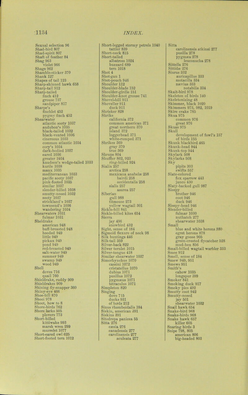 Sexual selection 96 Shad-bird 807 Shad-spirit 807 Shaft of feather 84 Shag 963 violet 966 Shags 962 Shamble-sticker 370 Shank 127 Shapes of tail 123 Sharp-shinned hawk 658 Sharp-tail 912 Sharp-tailed finch 412 grouse 737 sandpiper 817 Sharpe’s finchlet 452 pvgmr finch 452 Shearwater atlantic sooty 1037 audubon’s 1035 black-tailed 1032 black-vented 1036 cinereous 1033 common atlantic 1034 cory’s 1034 dark-bodied 1037 cared 1036 greater 1034 knudsen’s wedge-tailed 1033 kurile 1038 manx 1035 mediterranean 1033 pacific sooty 1037 pink-footed 1035 similar 1037 slender-billed 1038 smutty-nosed 1032 sooty 1037 Strickland’s 1037 townsend’s 1036 wandering 1034 Shearwaters 1031 fulmar 1031 Sheldrake american 948 buff-breasted 948 hooded 949 little 949 pickax 949 pond 949 red-breasted 949 salt-water 949 summer 949 swamp 949 wood 949 Shell doves 716 quail 760 Shieldrake, ruddy 909 Shieldrakes 909 Shining fly-snapper 360 Shiny-eye 466 Shoe-bill 870 Shooi 978 Shoot, how to 8 Shore-birds 762 Shore larks 505 plovers 773 Short-billed kittiwake 993 marsh wren 299 murrclet 1077 Short-eared owl 625 Short-footed tern 1012 Short-legged stormy petrels 1040 tattler 839 Short-neck 815 Short-tailed albatross 1024 buzzard 689 tern 1018 Shot 4 Shot-gun 1 Shot-pouch 946 Shoulder 112 Shoulder-blade 152 Shoulder-girdle 151 Shoulder-knot grouse 741 Shovel-bill 911 Shoveller 911 duck 911 Shrieker 828 Shrike California 372 common american 371 great northern 370 island 372 loggerhead 371 white-rumped 371 Shrikes 369 gray 370 true 369 Shrups 804 Shuffler 862, 923 ring-billed 924 Sialia 257 arctica 258 mexicana anabela; 258 bairdi 258 occidentalis 258 sialis 257 asurea 257 Siberian gull 988 titmouse 273 yellow wagtail 301 Sickle-bill 841 Sickle-billed kites 654 Sierra jay 496 snowbird 432 Sight, sense of 184 Sigmoid flexure of neck 98 Silk buntings 446 Silk-tail 359 Silver-back 822 Silver ternlet 1015 Silver-tongue 418 Similar shearwater 1037 Simorhynchus 1070 cassini 1072 cristatellus 1070 dubius 1071 pusillus 1072 pygmseus 1071 tetraculus 1071 Simpleton 820 Singing dove 715 ducks 931 of birds 212 Sinus rhomboidalis 184 Siskin, american 391 Siskins 391 Sitodrepa panicea 55 Sitta 276 cmsia 276 canadensis 277 carolinensis 277 aculeata 277 Sitta carolinensis atkinsi 277 pusilla 278 pygina-a 278 leuconucha 278 Sittella 270 Sittida; 276 Siurus 332 auricapillus 333 motacilla 334 naevius 333 notabilis 334 Skait-bird 978 Skeleton of birds 140 Skeletonizing 48 Skimmer, black 1020 Skimmers 973, 982, 1019 Skire crake 785 Skua 975 common 976 great 976 Skuas 975 Skull development of fowl’s 157 of birds 155 Skunk blackbird 465 Skunk-head 944 Skunk-top 944 Skylark 508 Skvlarks 508 Sky pipits 303 swifts 557 Slate-colored fox sparrow 443 junco 430 Slatv-backed gull 987 Sleepy brother 946 coot 946 duck 946 Sleepy-head 946 Slender-billed fulmar 1030 nuthatch 277 shearwater 1038 Small blue and white herons 880 egret herons 878 gray goose 905 green-crested flycatcher 528 mud-hen 856 Small-billed wagtail warbler 333 Smee 912 Smell, sense of 184 Smew 949, 951 Smews 951 Smith's cnhow 1035 longspur 399 Smoker 841 Smoking duck 917 Smoky pics 492 Smutty coot 942 Smutty-nosed jay 501 shearwater 1032 Snail hawk 654 Snake-bird 968 Snake-birds 968 Snake hawk 657 killer 605 Snaring birds 3 Snipe 798, 805 american 806 big-headed 803