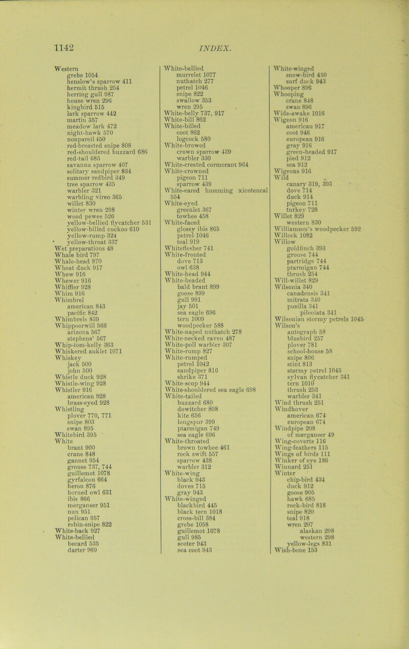 Western grebe 1054 henslow’s sparrow 411 hermit thrush 254 herring gull 987 house wren 29G kingbird 515 lark sparrow 442 martin 357 meadow lark 472 night-hawk 570 nonpareil 450 red-breasted snipe 808 red-shouldered buzzard 686 red-tail 685 savanna sparrow 407 solitary sandpiper 834 summer redbird 349 tree sparrow 435 warbler 321 warbling vireo 365 willet 830 winter wren 298 wood pewee 526 yellow-bellied flycatcher 531 yellow-billed cuckoo 610 yellow-rump 324 ■ yellow-throat 337 Wet preparations 48 Whale bird 797 Whale-head 870 Wheat duck 917 Whew 910 Whewer 916 Whiffler 928 Whim 916 Whimbrel american 843 pacific 842 Whimbrels 839 Whippoorwill 566 arizona 567 Stephens’ 567 Whip-tom-kelly 363 Whiskered auklet 1071 Whiskey jack 500 john 500 Whistle duck 928 Whistle-wing 928 Whistler 916 american 928 brass-eyed 928 Whistling plover 770, 771 snipe 803 swan 895 Whitebird 395 White brant 900 crane 848 gannet 954 grouse 737, 744 guillemot 1078 gyrfalcon 664 heron 876 horned owl 631 ibis 866 merganser 951 nun 951 pelican 957 robin-snipe 822 White-back 927 White-bellied becard 535 darter 969 White-bellied murrclet 1077 nuthatch 277 petrel 1046 snipe 822 swallow 353 wren 295 White-belly 737, 917 White-bill 862 White-billed coot 862 logcoclc 580 White-browed crown sparrow 439 warbler 330 White-crested cormorant 964 White-crowned pigeon 711 sparrow 439 White-eared humming xicotencal 554 Wbite-eved green let 367 towhee 458 White-faced glossy ibis 865 petrel 1046 teal 919 Whiteflesher 741 While-fronted dove 713 owl 638 White-head 944 White-headed bald brant 899 goose 899 gull 991 jay 501 sea eagle 696 tern 1009 woodpecker 588 White-naped nuthatch 278 White-necked raven 487 White-poll warbler 307 White-rump 827 Wliite-rumped petrel 1042 sandpiper 816 shrike 371 White-scop 944 White-shouldered sea eagle 698 White-tailed buzzard 680 dowitcher 808 kite 656 longspur 399 ptarmigan 749 sea eagle 696 White-throated brown towhee 461 rock swift 557 sparrow 438 warbler 312 White-wing black 943 doves 715 gray 943 White-winged blackbird 445 black tern 1018 cross-bill 384 grebe 1058 guillemot 1078 gull 985 scoter 943 sea coot 943 White-winged snow-bird 430 surf duck 943 Whooper 896 Whooping crane 848 swan 896 Wide-awake 1016 Wigeon 916 american 917 coot 946 european 916 gray 916 green-headed 917 pied 912 sea 912 Wigeons 916 Wild canary 319, 393 dove 714 duck 914 pigeon 711 turkey 728 Willet 829 western 830 Williamson’s woodpecker 592 Willock 1082 Willow goldfinch 393 grouse 744 partridge 744 ptarmigan 744 thrush 254 Will-willet 829 Wilsonia 340 canadensis 341 mitrata 340 pusilla 341 pileolata 341 Wilsonian stormy petrels 1045 Wilson’s autograph 58 bluebird 257 plover 781 school-house 58 snipe 806 stint 813 stormy petrel 1045 sylvan flycatcher 341 tern 1010 thrush 253 warbler 341 Wind thrush 251 Windhover american 674 european 674 Windpipe 208 of merganser 49 Wing-coverts 116 Wing-feathers 115 Wings of birds 111 Winker of eye 186 Winnard 251 Winter chip-bird 434 duck 912 goose 905 hawk 685 rock-bird 818 snipe 820 teal 918 wren 297 alaskan 298 western 298 yellow-legs 831 Wish-bone 153