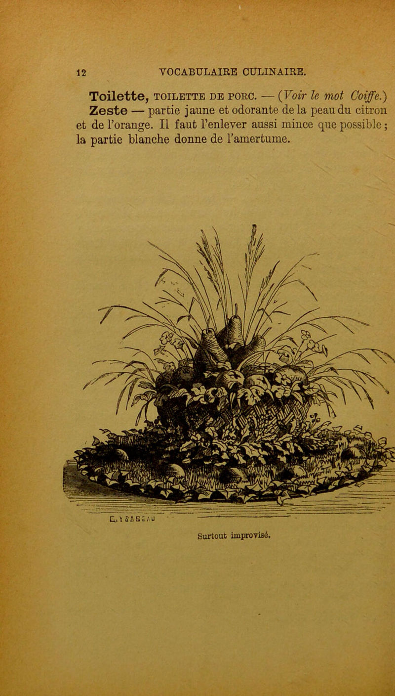 Toilette, toilette de porc. — (Voir le mot Coiffe.) Zeste — partie jaune et odorante de la peau du citron et de l’orange. Il faut l’enlever aussi mince que possible ; la partie blanche donne de l’amertume. EL,Ï SABÉ/.U Surtout improvisé.