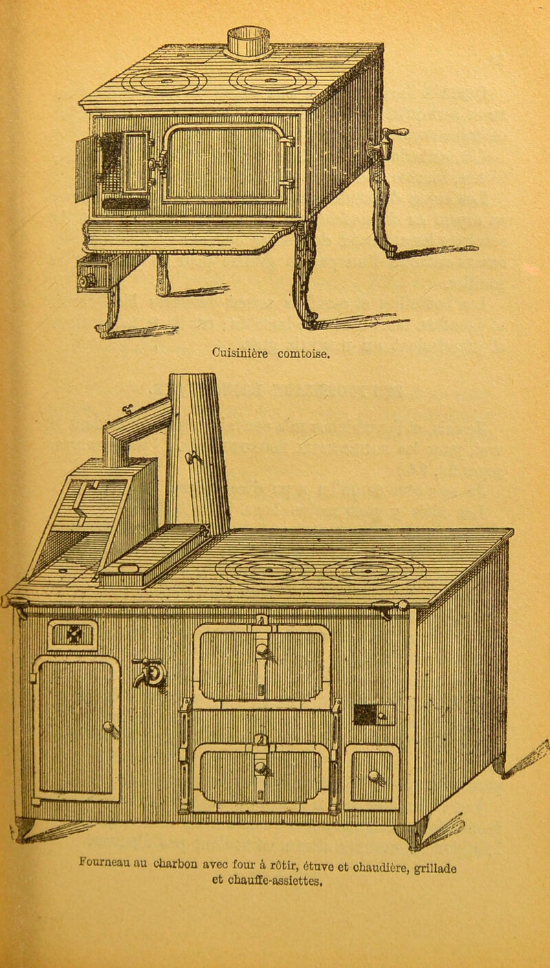 Cuisinière comtoise. Fourneau au charbon avec four à rôtir, ètuvo et chaudière, grillade et chauffe-assiettes,