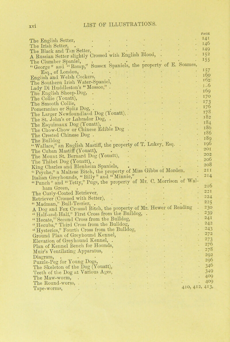 ood, The English Setter, The Irish Setter, . The Black and Tan Setter, . • A Russian Setter slightly Crossed with English The Clumber Spaniel, . . • • “George” and “Romp,” Sussex Spaniels, the property Esq., of London, English and Welsh Cockers, The Southern Irish Water-Spaniel, Lady Di Huddleston’s “ Mossoo,” . The English Sheep-Dog, . The Collie (Youatt), The Smooth Collie, Pomeranian or Spitz Dog, . The Larger Newfoundland Dog (Youatt),. The St. John’s or Labrador Dog, . The Esquimaux Dog (Youatt), The Chow-Chow or Chinese Edible Dog . The Crested Chinese Dog . The Bulldog . • • m “Wallace,” an English Mastiff, the property ot 1 The Cuban Mastiff (Youatt), The Mount St. Bernard Dog (Youatt), The Thibet Dog (Youatt), . King Charles and Blenheim Spaniels, “ Psyche,” a Maltese Bitch, the property of Miss Italian Greyhounds, “ Billy” and “ Minnie,” “ Punch ” and “ Petty,” Pugs, the property of M Lukej of E. oames : Esq. Morden. ibbs C. Morrison of Wa ham Green, The Curly-Coated Retriever, Retriever (Crossed with Setter), “ Madman,” Bull-Terrier, . A Dog and Fox Crosssd Bitch, the property of M “ Half-and-Half,” First Cross from the Bulldog, “ Hecate,” Second Cross from the Bulldog, “ Hecuba,” Third Cross from the Bulldog, “ Hysterics,” Fourth Cross from the Bulldog, Ground Plan of Greyhound Kennel, Elevation of Greyhound Kennel, . Plan of Kennel Bench for Hounds, Muir’s Yentilating Apparatus, Hewer of Reading Diagram, ..••••• Puzzle-Peg for Young Dogs, The Skeleton of the Dog (Youatt), Teeth of the Dog at Various Ages, The Maw-worm, The Round-worm, ..••••• Tape-worms, . • • 4IO> 4> Page 141 146 149 152 155 157 160 162 1J6 169 170 173 176 178 182 184 186 186 189 196 201 202 206 208 211 214 216 221 224. 225 230 239 241 242 243 272 2 73 276 27S 292 296 346 349 409 409 4i3>
