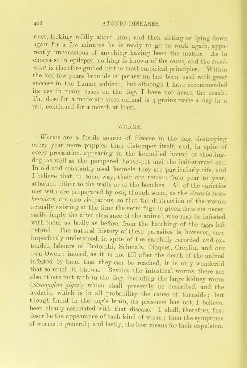 vises, looking wildly about him; and then sitting or lving down again for a few minutes, he is ready to go to work again, appa- rently unconscious of anything having been the matter. As in chorea so in epilepsy, nothing is known of the cause, and the treat- ment is therefore guided by the most empirical principles. Within the last few years bromide of potassium has been used with great success in the human subject; but although I have recommended its use in many cases on the dog, I have not heard the result. The dose for a moderate-sized animal is 3 grains twice a dav in a pill, continued for a month at least. WORMS. W'arms are a fertile source of disease in the dog, destroying every year more puppies than distemper itself, and, in -spite of every precaution, appearing in the kennelled hound or shooting- dog, as well as the pampered house-pet and the half-starved cur. In old and constantly used kennels they are particularly rife, and I believe that, in some way, their ova remain from year to year, attached either to the walls or to the benches. All of the varieties met with are propagated by ova, though some, as the Ascaris lum- bricoides, are also viviparous, so that the destruction of the worms actually existing at the time the vermifuge is given does not neces- sarily imply the after clearance of the animal, who may be infested with them as badly as before, from the hatching of the eggs left behind. The natural history of these parasites is, however, very imperfectly understood, in spite of the carefully recorded and ex- tended labours of Rudolphi, Schmalz, Cloquet, Creplin. and our own Owen; indeed, as it is not till after the death of the animal infested by them that they can be reached, it is only wonderful that so much is known. Besides the intestinal worms, there are also others met with in the dog, including the large kidney worm (Strongylus gigas), which shall presently be described, and the hydatid, which is in all probability the* cause of turnside; but though found in the dog’s brain, its presence has not, I believe, been clearly associated with that disease. I shall, therefore, first describe the appearance of each kind of worm ; then the symptoms of worms in general; and lastly, the best means for their expulsion.
