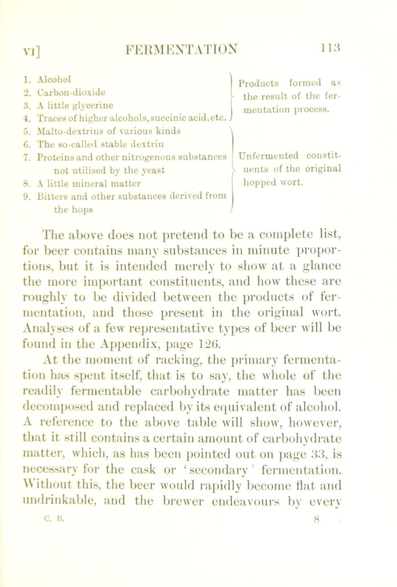 1. Alcohol 2. Carbon-ilioxido 3. A little glycerine 4. Tracesof higheriilcohols.succinicacid.etc., 5. Malto-dextrius of various kinds \ G. The so-called stable dextrin 7. Proteins and other nitrogenous substances not utilised by the yeast 8. A little mineral matter 9. Bitters and other substances derived from the hops Products formed as the result of the fer- mentation process. Unfermented constit- uents of the original hopped wort. The above does not pretend to be a complete list, for beer contains many substances in minute propor- tions, but it is intended merely to show at a glance the more important constituents, and how these are roughly to be divided between the products of fer- mentation, and those present in the original wort. Analyses of a few representative types of beer will be found in the Appendix, page 126. At the moment of racking, the primary fermenta- tion has spent itself, that is to say, the whole of the readily fermentable carbohydrate matter has been decomiiosed and replaced by its e(|uivalent of alcohol. A reference to the above table will show, however, that it still contains a certain amount of carbohydrate matter, which, as has been pointed out on page 3M, is neces.sary for the cask or ‘ secondary ’ fermentation. \\ ithout this, the beer would raj)idly become flat and undrinkable, and the brewer endeavours by every 8 c. li.