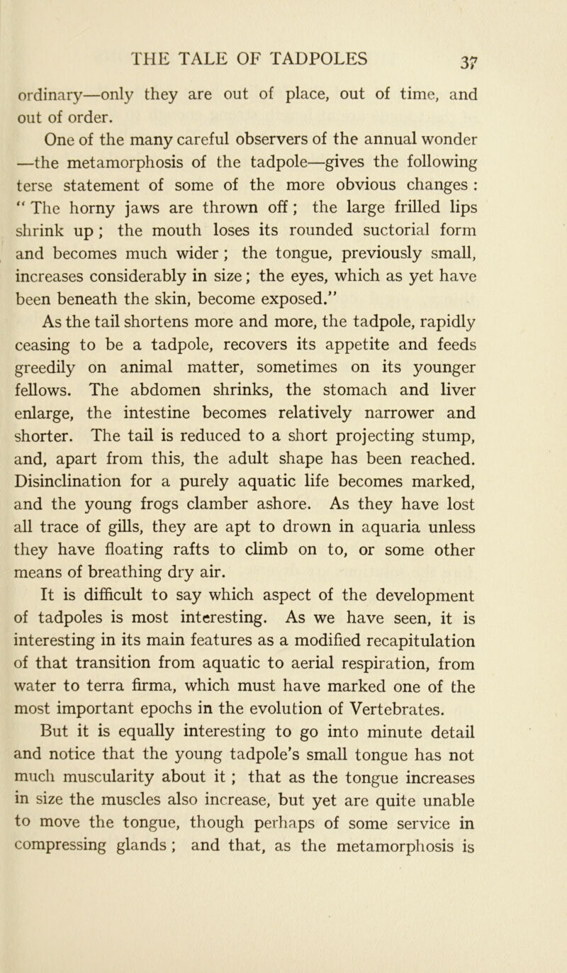 ordinary—only they are out of place, out of time, and out of order. One of the many careful observers of the annual wonder —the metamorphosis of the tadpole—gives the following terse statement of some of the more obvious changes : “ The horny jaws are thrown off; the large frilled lips shrink up ; the mouth loses its rounded suctorial form and becomes much wider ; the tongue, previously small, increases considerably in size; the eyes, which as yet have been beneath the skin, become exposed.” As the tail shortens more and more, the tadpole, rapidly ceasing to be a tadpole, recovers its appetite and feeds greedily on animal matter, sometimes on its younger fellows. The abdomen shrinks, the stomach and liver enlarge, the intestine becomes relatively narrower and shorter. The tail is reduced to a short projecting stump, and, apart from this, the adult shape has been reached. Disinclination for a purely aquatic life becomes marked, and the young frogs clamber ashore. As they have lost all trace of gills, they are apt to drown in aquaria unless they have floating rafts to climb on to, or some other means of breathing dry air. It is difficult to say which aspect of the development of tadpoles is most interesting. As we have seen, it is interesting in its main features as a modified recapitulation of that transition from aquatic to aerial respiration, from water to terra firma, which must have marked one of the most important epochs in the evolution of Vertebrates. But it is equally interesting to go into minute detail and notice that the young tadpole’s small tongue has not much muscularity about it ; that as the tongue increases in size the muscles also increase, but yet are quite unable to move the tongue, though perhaps of some service in compressing glands ; and that, as the metamorphosis is