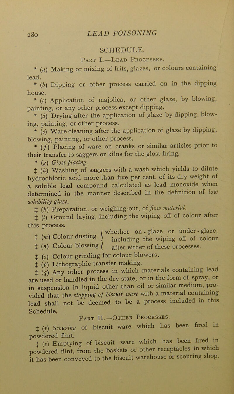 SCHEDULE. Part I.—Lead Processes. * (a) Making or mixing of frits, glazes, or colours containing lead. * (b) Dipping or other process carried on in the dipping house. * (c) Application of majolica, or other glaze, by blowing, painting, or any other process except dipping, * (d) Drying after the application of glaze by dipping, blow- ing, painting, or other process. * (e) Ware cleaning after the application of glaze by dipping, blowing, painting, or other process. * (/) Placing of ware on cranks or similar articles prior to their transfer to saggers or kilns for the glost firing. * (g) Glost placing. + (Ji) Washing of saggers with a wash which yields to dilute hydrochloric acid more than five per cent, of its dry weight of a soluble lead compound calculated as lead monoxide when determined in the manner described in the definition of low solubility glaze. + (A) Preparation, or weighing-out, olflow material. + (l) Ground laying, including the wiping off of colour after this process. { whether on - glaze or under - glaze, t (m) Colour dusting \ jnc]U(jing the wiping off of colour + (») Colour blowing ( after either of these processes. + (o) Colour grinding for colour blowers. + (p) Lithographic transfer making. X (q) Any other process in which materials containing lead are used or handled in the dry state, or in the form of spray, or in suspension in liquid other than oil or similar medium, pro vided that the stopping of biscuit ware with a material containing lead shall not be deemed to be a process included in this Schedule. Part II.—Other Processes. + (r) Scouring of biscuit ware which has been fired in powdered flint. . + (s) Emptying of biscuit ware which has been fired in powdered flint, from the baskets or other receptacles in which it has been conveyed to the biscuit warehouse or scouring shop.