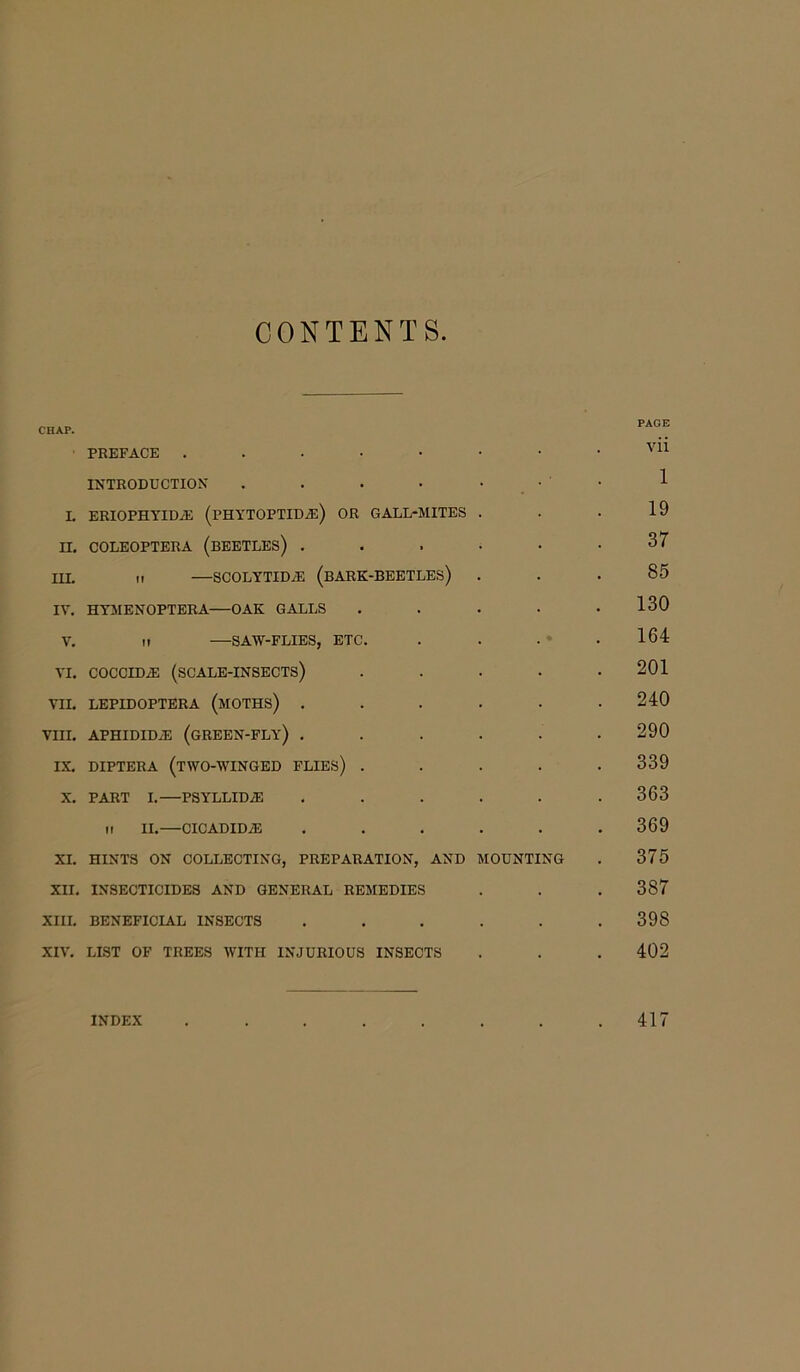 CONTENTS p“* PREFACE vn INTRODUCTION . . • • • 1 I. ERIOPHYIDiE (PHYTOPTIDA:) OR GALL-MITES . . • 19 II. COLEOPTERA (BEETLES) . . . • • .37 HL it —SCOLYTIDiE (BARK-BEETLES) . . • 85 IV. HYMENOPTERA—OAK GALLS . . . . .130 V. it —SAW-FLIES, ETC. . . . . 164 VI. COCCHLE (scale-insects) . . . . .201 VII. LEPIDOPTERA (MOTHS) . . . . . .240 VIII. APHIDIDiE (green-fly) ...... 290 ix. diptera (two-winged flies) ..... 339 X. PART I.—PSYLLIDiE . . . . . .363 it II.—CICADID/E ...... 369 XI. HINTS ON COLLECTING, PREPARATION, AND MOUNTING . 375 XII. INSECTICIDES AND GENERAL REMEDIES . . . 387 XIII. BENEFICIAL INSECTS . . . . . .398 XIV. LIST OF TREES WITH INJURIOUS INSECTS . . . 402 INDEX 417