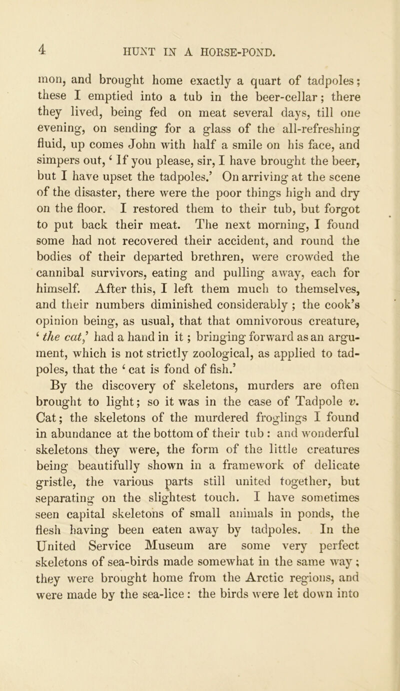 inon, and brought home exactly a quart of tadpoles; these I emptied into a tub in the beer-cellar; there they lived, being fed on meat several days, till one evening, on sending for a glass of the all-refreshing fluid, up comes John with half a smile on his face, and simpers out, ‘ If you please, sir, I have brought the beer, but I have upset the tadpoles.’ On arriving at the scene of the disaster, there were the poor things high and dry on the floor. I restored them to their tub, but forgot to put back their meat. The next morning, I found some had not recovered their accident, and round the bodies of their departed brethren, were crowded the cannibal survivors, eating and pulling away, each for himself. After this, I left them much to themselves, and their numbers diminished considerably ; the cook’s opinion being, as usual, that that omnivorous creature, ‘ the cat^ had a hand in it; bringing forward as an argu- ment, which is not strictly zoological, as applied to tad- poles, that the ^ cat is fond of fish.’ By the discovery of skeletons, murders are often brought to light; so it was in the case of Tadpole v. Cat; the skeletons of the murdered froglings I found in abundance at the bottom of their tub : and wonderful skeletons they were, the form of the little creatures being beautifully shown in a framework of delicate gristle, the various parts still united together, but separating on the slightest touch. I have sometimes seen capital skeletons of small animals in ponds, the flesh having been eaten away by tadpoles. In the United Service Museum are some very perfect skeletons of sea-birds made somewhat in the same way; they were brought home from the Arctic regions, and were made by the sea-lice : the birds were let down into