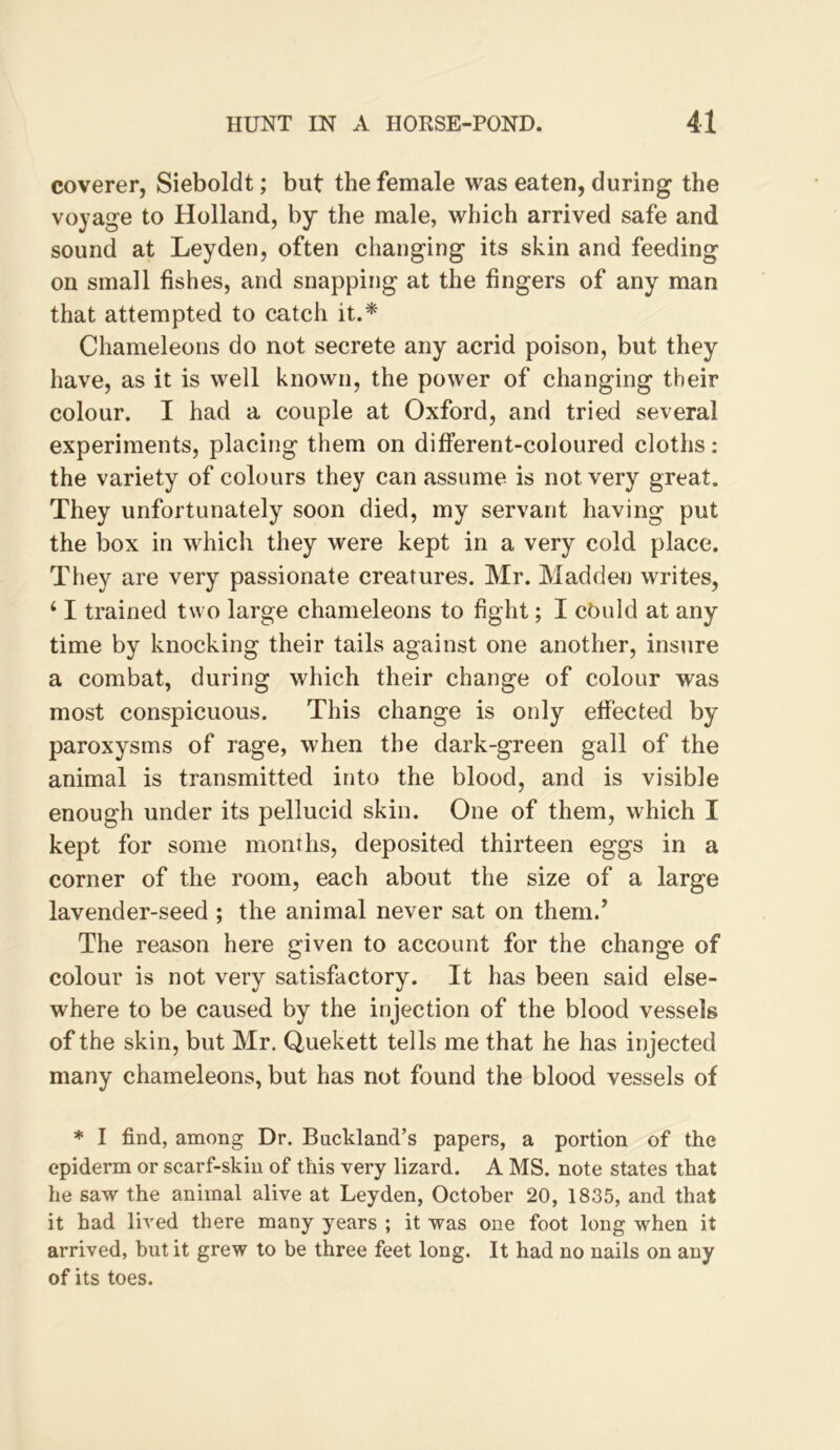 coverer, Sieboldt; but the female was eaten, during the voyage to Holland, by the male, which arrived safe and sound at Leyden, often changing its skin and feeding on small fishes, and snapping at the fingers of any man that attempted to catch it.* Chameleons do not secrete any acrid poison, but they have, as it is well known, the power of changing their colour. I had a couple at Oxford, and tried several experiments, placing them on different-coloured cloths: the variety of colours they can assume is not very great. They unfortunately soon died, my servant having put the box in which they were kept in a very cold place. They are very passionate creatures. Mr. Maddefi writes, ‘ I trained two large chameleons to fight; I cbuld at any time by knocking their tails against one another, insure a combat, during which their change of colour was most conspicuous. This change is only effected by paroxysms of rage, when the dark-green gall of the animal is transmitted into the blood, and is visible enough under its pellucid skin. One of them, which I kept for some months, deposited thirteen eggs in a corner of the room, each about the size of a large lavender-seed ; the animal never sat on them.^ The reason here given to account for the change of colour is not very satisfactory. It has been said else- where to be caused by the injection of the blood vessels of the skin, but Mr. Quekett tells me that he has injected many chameleons, but has not found the blood vessels of * I find, among Dr. Backland’s papers, a portion of the epiderm or scarf-skin of this very lizard. A MS. note states that he saw the animal alive at Leyden, October 20, 1835, and that it had lived there many years ; it was one foot long when it arrived, but it grew to be three feet long. It had no nails on any of its toes.