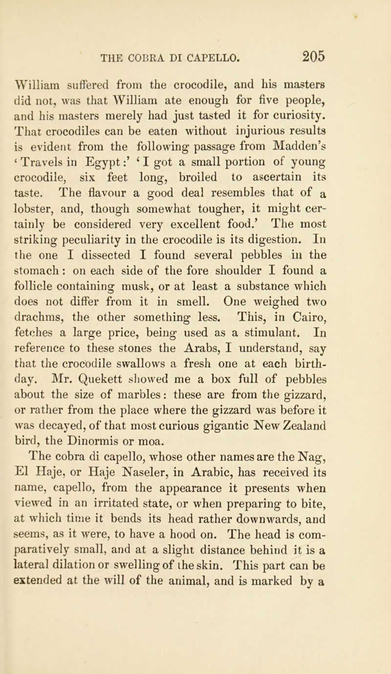 William suffered from the crocodile, and his masters did not, was that William ate enough for five people, and his masters merely had just tasted it for curiosity. That crocodiles can be eaten without injurious results is evident from the following passage from Madden’s ‘ Travels in Egypt‘ I got a small portion of young crocodile, six feet long, broiled to ascertain its taste. The flavour a good deal resembles that of a lobster, and, though somewhat tougher, it might cer- tainly be considered very excellent food.’ The most striking peculiarity in the crocodile is its digestion. In the one I dissected I found several pebbles in the stomach; on each side of the fore shoulder I found a follicle containing musk, or at least a substance which does not differ from it in smell. One weighed two drachms, the other something less. This, in Cairo, fetches a large price, being used as a stimulant. In reference to these stones the Arabs, I understand, say that the crocodile swallows a fresh one at each birth- day. Mr. Quekett showed me a box full of pebbles about the size of marbles: these are from the gizzard, or rather from the place where the gizzard was before it was decayed, of that most curious gigantic New Zealand bird, the Dinormis or moa. The cobra di capello, whose other names are the Nag, El Haje, or Haje Naseler, in Arabic, has received its name, capello, from the appearance it presents when viewed in an irritated state, or when preparing to bite, at which time it bends its head rather downwards, and seems, as it were, to have a hood on. The head is com- paratively small, and at a slight distance behind it is a lateral dilation or swelling of the skin. This part can be extended at the will of the animal, and is marked by a