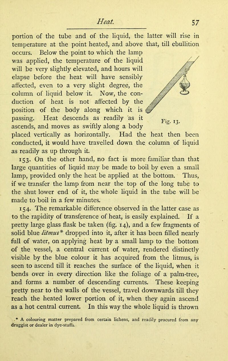 portion of the tube and of the liquid, the latter will rise in temperature at the point heated, and above that, till ebullition occurs. Below the point to which the lamp was applied, the temperature of the liquid will be very slightly elevated, and hours will elapse before the heat will have sensibly affected, even to a very slight degree, the column of liquid below it. Now, the con- duction of heat is not affected by the position of the body along which it is passing. Heat descends as readily as it ascends, and moves as swiftly along a body placed vertically as horizontally. Had the heat then been conducted, it would have travelled down the column of liquid as readily as up through it 153. On the other hand, no fact is more familiar than that large quantities of liquid may be made to boil by even a small lamp, provided only the heat be applied at the bottom. Thus, if we transfer the lamp from near the top of the long tube to the shut lower end of it, the whole liquid in the tube will be made to boil in a few minutes. 154. The remarkable difference observed in the latter case as to the rapidity of transference of heat, is easily explained. If a pretty large glass flask be taken (fig. 14), and a few fragments of solid blue litmus* dropped into it, after it has been filled nearly full of water, on applying heat by a small lamp to the bottom of the vessel, a central current of water, rendered distinctly visible by the blue colour it has acquired from the litmus, is seen to ascend till it reaches the surface of the liquid, when it bends over in every direction like the foliage of a palm-tree, and forms a number of descending currents. These keeping pretty near to the walls of the vessel, travel downwards till they reach the heated lower portion of it, when they again ascend as a hot central current. In this way the whole liquid is thrown * A colouring matter prepared from certain lichens, and readily procured from any druggist or dealer in dye-stuffs.