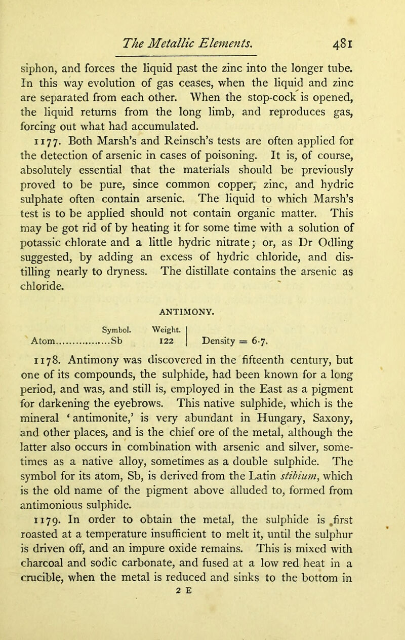 siphon, and forces the liquid past the zinc into the longer tube. In this way evolution of gas ceases, when the liquid and zinc are separated from each other. When the stop-cock is opened, the liquid returns from the long limb, and reproduces gas, forcing out what had accumulated. 1177. Both Marsh’s and Reinsch’s tests are often applied for the detection of arsenic in cases of poisoning. It is, of course, absolutely essential that the materials should be previously proved to be pure, since common copper, zinc, and hydric sulphate often contain arsenic. The liquid to which Marsh’s test is to be applied should not contain organic matter. This may be got rid of by heating it for some time with a solution of potassic chlorate and a little hydric nitrate; or, as Dr Odling suggested, by adding an excess of hydric chloride, and dis- tilling nearly to dryness. The distillate contains the arsenic as chloride. ANTIMONY. Symbol. Weight. I Atom Sb 122 ] Density =6-7. xi78. Antimony was discovered in the fifteenth century, but one of its compounds, the sulphide, had been known for a long period, and was, and still is, employed in the East as a pigment for darkening the eyebrows. This native sulphide, which is the mineral ‘ antimonite,’ is very abundant in Hungary, Saxony, and other places, and is the chief ore of the metal, although the latter also occurs in combination with arsenic and silver, some- times as a native alloy, sometimes as a double sulphide. The symbol for its atom, Sb, is derived from the Latin stibium, which is the old name of the pigment above alluded to, formed from antimonious sulphide. 1179. In order to obtain the metal, the sulphide is „first roasted at a temperature insufficient to melt it, until the sulphur is driven off, and an impure oxide remains. This is mixed with charcoal and sodic carbonate, and fused at a low red heat in a crucible, when the metal is reduced and sinks to the bottom in 2 E