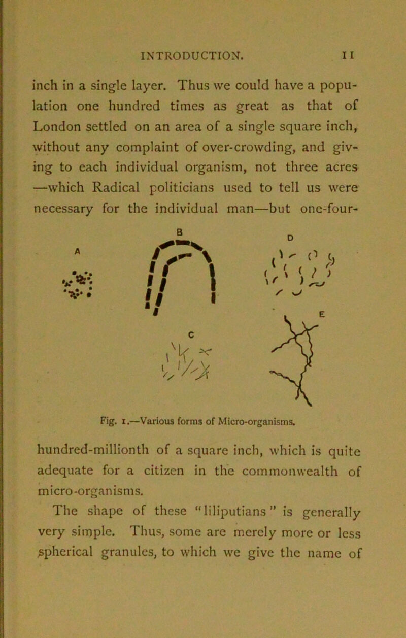 inch in a single layer. Thus we could have a popu- lation one hundred times as great as that of London settled on an area of a single square inch, without any complaint of over-crowding, and giv- ing to each individual organism, not three acres —which Radical politicians used to tell us were necessary for the individual man—but one-four- Fig. i.—Various forms of Micro-organisms. hundred-millionth of a square inch, which is quite adequate for a citizen in the commonwealth of micro-organisms. The shape of these “ liliputians ” is generally very simple. Thus, some are merely more or less spherical granules, to which we give the name of