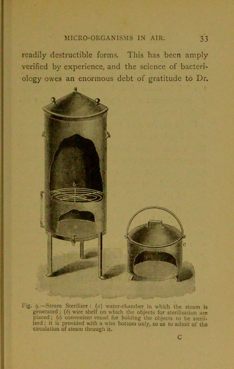 readily destructible forms. This has been amply verified by experience, and the science of bacteri- ology owes an enormous debt of gratitude to Dr. I'ig. 9.—Steam Sterilizer: (<j) water-chamber in which the steam is generated ; (b) wire shelf on which the objects for sterilization are placed; (c) convenient vessel for holding the objects to be steril- ized ; it is provided with a wire bottom only, so as to admit of the circulation of steam through it. C