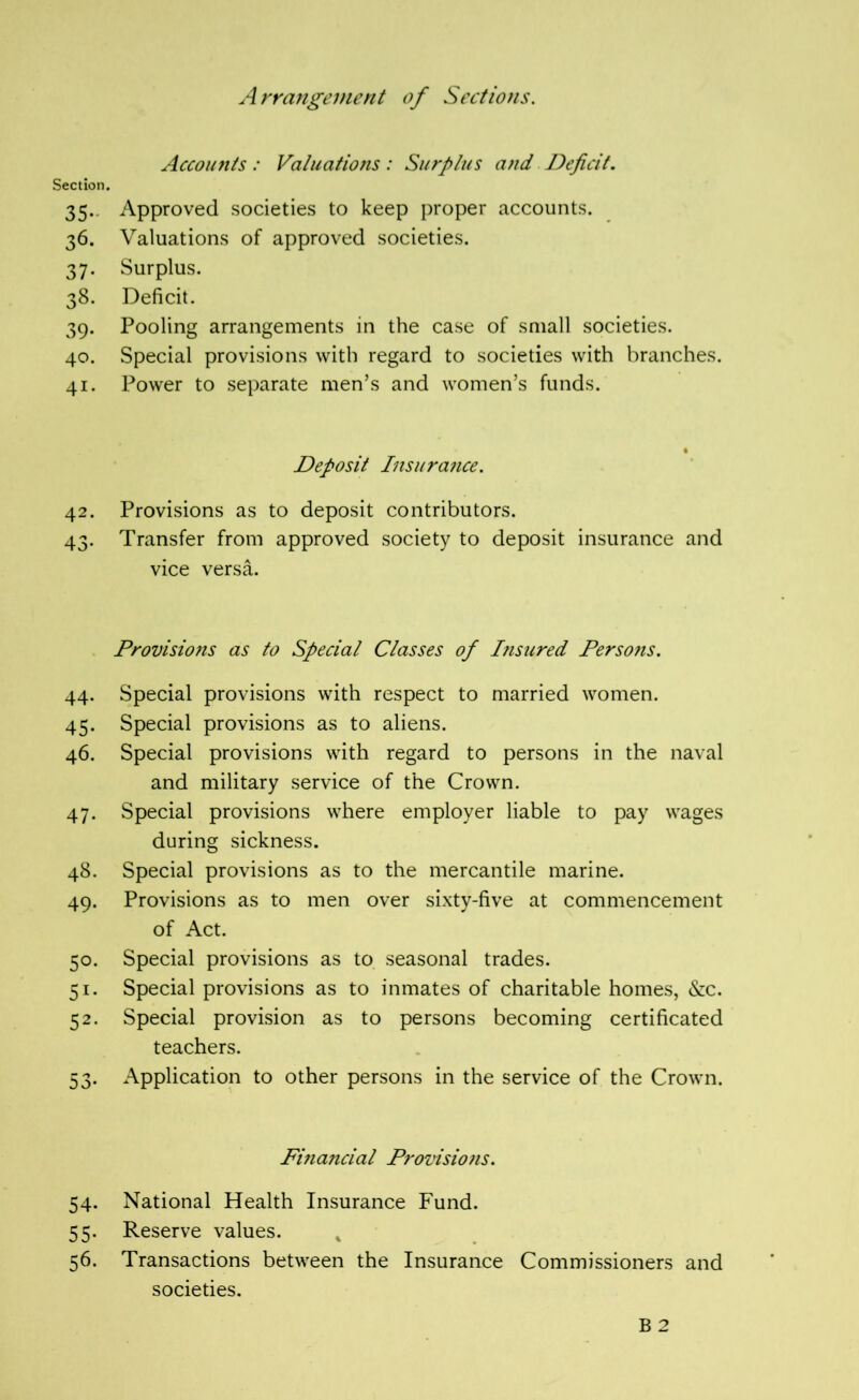 Arrangement of Sections. Accounts: Valuations: Surplus and Deficit. Section. 35.. Approved societies to keep proper accounts. 36. Valuations of approved societies. 37. Surplus. 38. Deficit. 39. Pooling arrangements in the case of small societies. 40. Special provisions with regard to societies with branches. 41. Power to separate men’s and women’s funds. • Deposit Insurafice. 42. Provisions as to deposit contributors. 43. Transfer from approved society to deposit insurance and vice versa. Provisio7is as to Special Classes of Insured Persofis. 44. Special provisions with respect to married women. 45. Special provisions as to aliens. 46. Special provisions with regard to persons in the naval and military service of the Crown. 47. Special provisions where employer liable to pay wages during sickness. 48. Special provisions as to the mercantile marine. 49. Provisions as to men over sixty-five at commencement of Act. 50. Special provisions as to seasonal trades. 51. Special provisions as to inmates of charitable homes, &c. 52. Special provision as to persons becoming certificated teachers. 53. Application to other persons in the service of the Crown. Financial Provisio?ts. 54. National Health Insurance Fund. 55. Reserve values. ^ 56. Transactions between the Insurance Commissioners and societies.