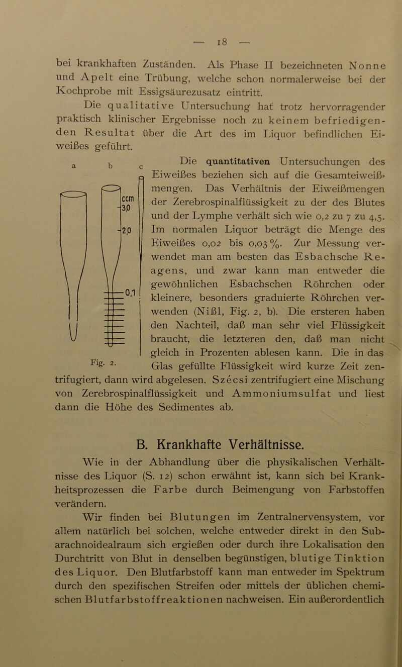 bei krankhaften Zuständen. Als Phase II bezeichneten Nonne und Apelt eine Trübung, welche schon normalerweise bei der Kochprobe mit Essigsäurezusatz eintritt. Die qualitative Untersuchung hat trotz hervorragender praktisch klinischer Ergebnisse noch zu keinem befriedigen- den Resultat über die Art des im Liquor befindlichen Ei- Die quantitativen Untersuchungen des Eiweißes beziehen sich auf die Gesamtei weiß- mengen. Das Verhältnis der Eiweißmengen der Zerebrospinalflüssigkeit zu der des Blutes und der Lymphe verhält sich wie 0,2 zu 7 zu 4,5. Im normalen Liquor beträgt die Menge des Eiweißes 0,02 bis 0,03 %. Zur Messung ver- wendet man am besten das Esbach sehe Re- agens, und zwar kann man entweder die gewöhnlichen Esbachschen Röhrchen oder kleinere, besonders graduierte Röhrchen ver- wenden (Nißl, Fig. 2, b). Die ersteren haben den Nachteil, daß man sehr viel Flüssigkeit braucht, die letzteren den, daß man nicht gleich in Prozenten ablesen kann. Die in das Glas gefüllte Flüssigkeit wird kurze Zeit zen- trifugiert, dann wird abgelesen. Szecsi zentrifugiert eine Mischung von Zerebrospinalflüssigkeit und Ammoniumsulfat und liest dann die Höhe des Sedimentes ab. weißes geführt. a b c V Fig. 2. ccm 3.0 -2.0 u 0.1 B. Krankhafte Verhältnisse. Wie in der Abhandlung über die physikalischen Verhält- nisse des Liquor (S. 12) schon erwähnt ist, kann sich bei Krank- heitsprozessen die Farbe durch Beimengung von Farbstoffen verändern. Wir finden bei Blutungen im Zentralnervensystem, vor allem natürlich bei solchen, welche entweder direkt in den Sub- arachnoidealraum sich ergießen oder durch ihre Lokalisation den Durchtritt von Blut in denselben begünstigen, blutige Tinktion des Liquor. Den Blutfarbstoff kann man entweder im Spektrum durch den spezifischen Streifen oder mittels der üblichen chemi- schen Blutfarbstoffreaktionen nachweisen. Ein außerordentlich