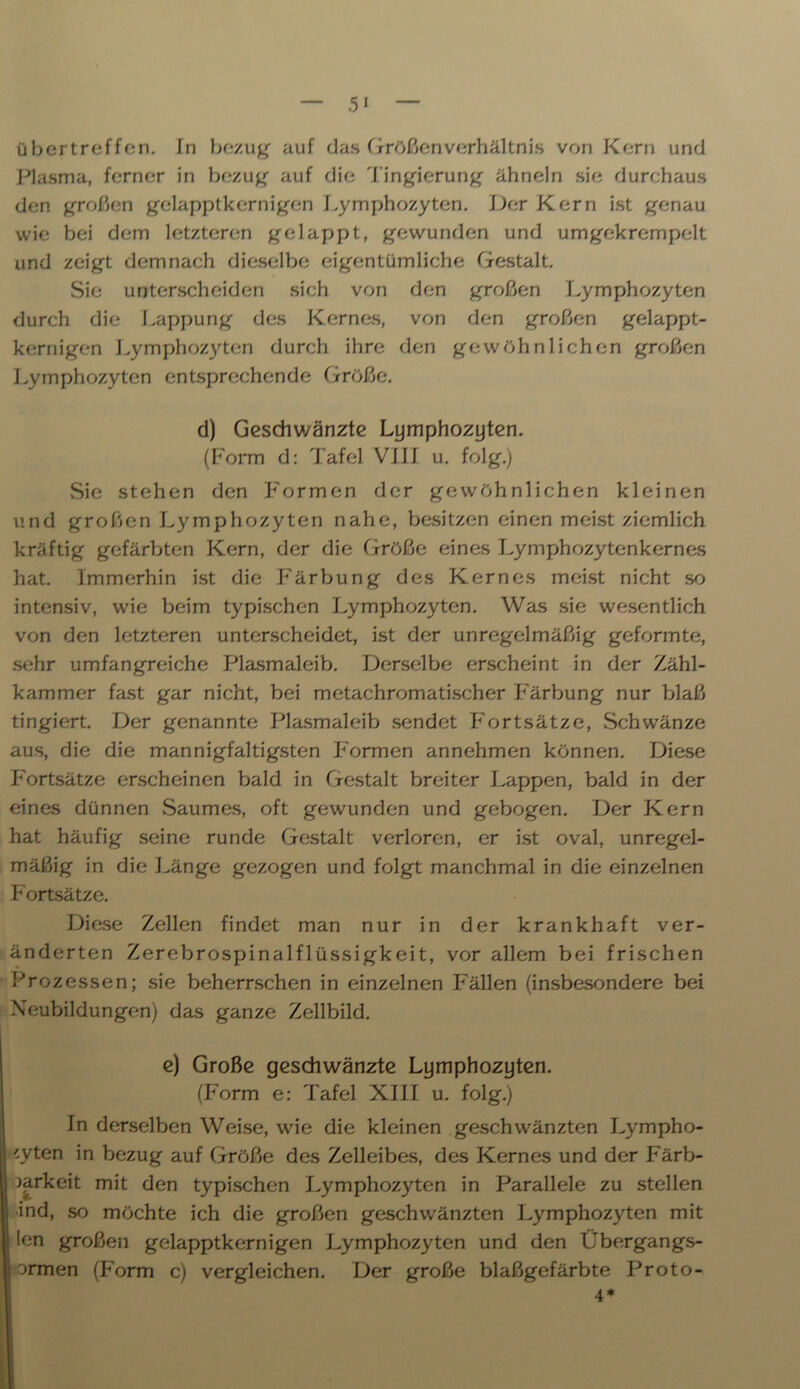 übertreffen. In bezug auf das Größen Verhältnis von Korn und Plasma, ferner in bezug auf die Tingierung ähneln sie durchaus den großen gelapptkernigen Lymphozyten. Der Kern ist genau wie bei dem letzteren gelappt, gewunden und umgekrempelt und zeigt demnach dieselbe eigentümliche Gestalt. Sie unterscheiden sich von den großen Lymphozyten durch die Lappung des Kernes, von den großen gelappt- kernigen Lymphozyten durch ihre den gewöhnlichen großen Lymphozyten entsprechende Größe. d) Geschwänzte Lymphozyten. (Form d: Tafel VIII u. folg.) Sie stehen den Formen der gewöhnlichen kleinen und großen Lymphozyten nahe, besitzen einen meist ziemlich kräftig gefärbten Kern, der die Größe eines Lymphozytenkernes hat. Immerhin ist die Färbung des Kernes meist nicht so intensiv, wie beim typischen Lymphozyten. Was sie wesentlich von den letzteren unterscheidet, ist der unregelmäßig geformte, sehr umfangreiche Plasmaleib. Derselbe erscheint in der Zähl- kammer fast gar nicht, bei metachromatischer Färbung nur blaß tingiert. Der genannte Plasmaleib sendet Fortsätze, Schwänze aus, die die mannigfaltigsten Formen annehmen können. Diese Fortsätze erscheinen bald in Gestalt breiter Lappen, bald in der eines dünnen Saumes, oft gewunden und gebogen. Der Kern hat häufig seine runde Gestalt verloren, er ist oval, unregel- mäßig in die Länge gezogen und folgt manchmal in die einzelnen Fortsätze. Diese Zellen findet man nur in der krankhaft ver- änderten Zerebrospinalflüssigkeit, vor allem bei frischen Prozessen; sie beherrschen in einzelnen Fällen (insbesondere bei Neubildungen) das ganze Zellbild. e) Große geschwänzte Lymphozyten. (Form e: Tafel XIII u. folg.) In derselben Weise, wie die kleinen geschwänzten Lympho- zyten in bezug auf Größe des Zelleibes, des Kernes und der Färb- barkeit mit den typischen Lymphozyten in Parallele zu stellen •ind, so möchte ich die großen geschwänzten Lymphozyten mit len großen gelapptkernigen Lymphozyten und den Ubergangs- ormen (Form c) vergleichen. Der große blaßgefärbte Proto- 4*