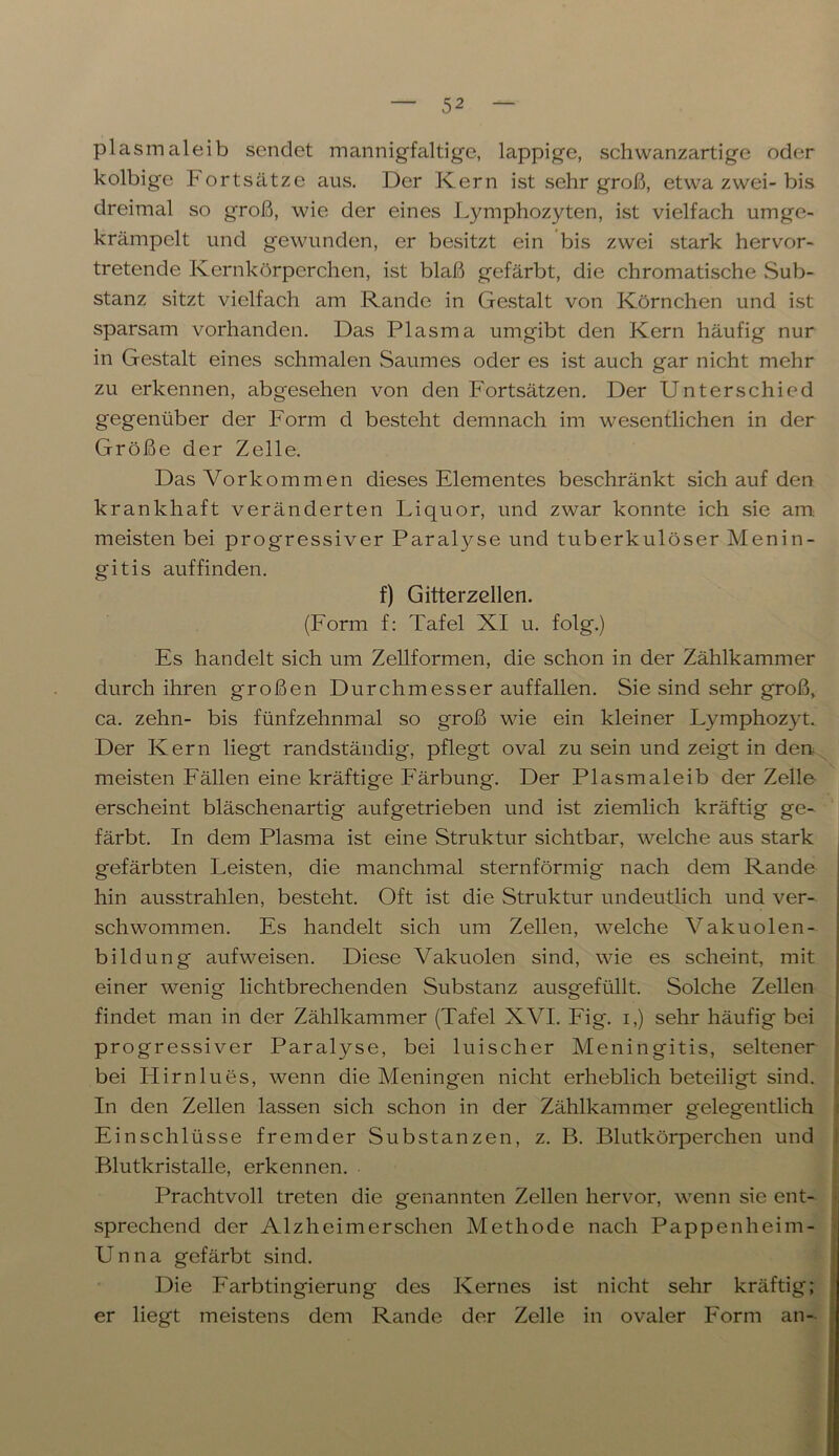 plasmaleib sendet mannigfaltige, lappige, schwanzartige oder kolbige Portsätze aus. Der Kern ist sehr groß, etwa zwei-bis dreimal so groß, wie der eines Lymphozyten, ist vielfach umge- krämpelt und gewunden, er besitzt ein bis zwei stark hervor- tretende Kernkörperchen, ist blaß gefärbt, die chromatische Sub- stanz sitzt vielfach am Rande in Gestalt von Körnchen und ist sparsam vorhanden. Das Plasma umgibt den Kern häufig nur in Gestalt eines schmalen Saumes oder es ist auch gar nicht mehr zu erkennen, abgesehen von den Fortsätzen. Der Unterschied gegenüber der Form d besteht demnach im wesentlichen in der Größe der Zelle. Das Vorkommen dieses Elementes beschränkt sich auf den krankhaft veränderten Liquor, und zwar konnte ich sie am meisten bei progressiver Paralyse und tuberkulöser Menin- gitis auf finden. f) Gitterzellen. (Form f: Tafel XI u. folg.) Es handelt sich um Zellformen, die schon in der Zählkammer durch ihren großen Durchmesser auffallen. Sie sind sehr groß, ca. zehn- bis fünfzehnmal so groß wie ein kleiner Lymphozyt. Der Kern liegt randständig, pflegt oval zu sein und zeigt in den meisten Fällen eine kräftige Färbung. Der Plasmaleib der Zelle- erscheint bläschenartig aufgetrieben und ist ziemlich kräftig ge- färbt. In dem Plasma ist eine Struktur sichtbar, welche aus stark gefärbten Leisten, die manchmal sternförmig nach dem Rande hin ausstrahlen, besteht. Oft ist die Struktur undeutlich und ver- schwommen. Es handelt sich um Zellen, welche Vakuolen- bildung aufweisen. Diese Vakuolen sind, wie es scheint, mit einer wenig lichtbrechenden Substanz ausgefüllt. Solche Zellen findet man in der Zählkammer (Tafel XVI. Fig. i,) sehr häufig bei progressiver Paralyse, bei luischer Meningitis, seltener bei Hirnlues, wenn die Meningen nicht erheblich beteiligt sind. In den Zellen lassen sich schon in der Zählkammer gelegentlich Einschlüsse fremder Substanzen, z. B. Blutkörperchen und Blutkristalle, erkennen. Prachtvoll treten die genannten Zellen hervor, wenn sie ent- sprechend der Alzheimerschen Methode nach Pappenheim- Unna gefärbt sind. Die P'arbtingierung des Kernes ist nicht sehr kräftig; er liegt meistens dem Rande der Zelle in ovaler Form an-