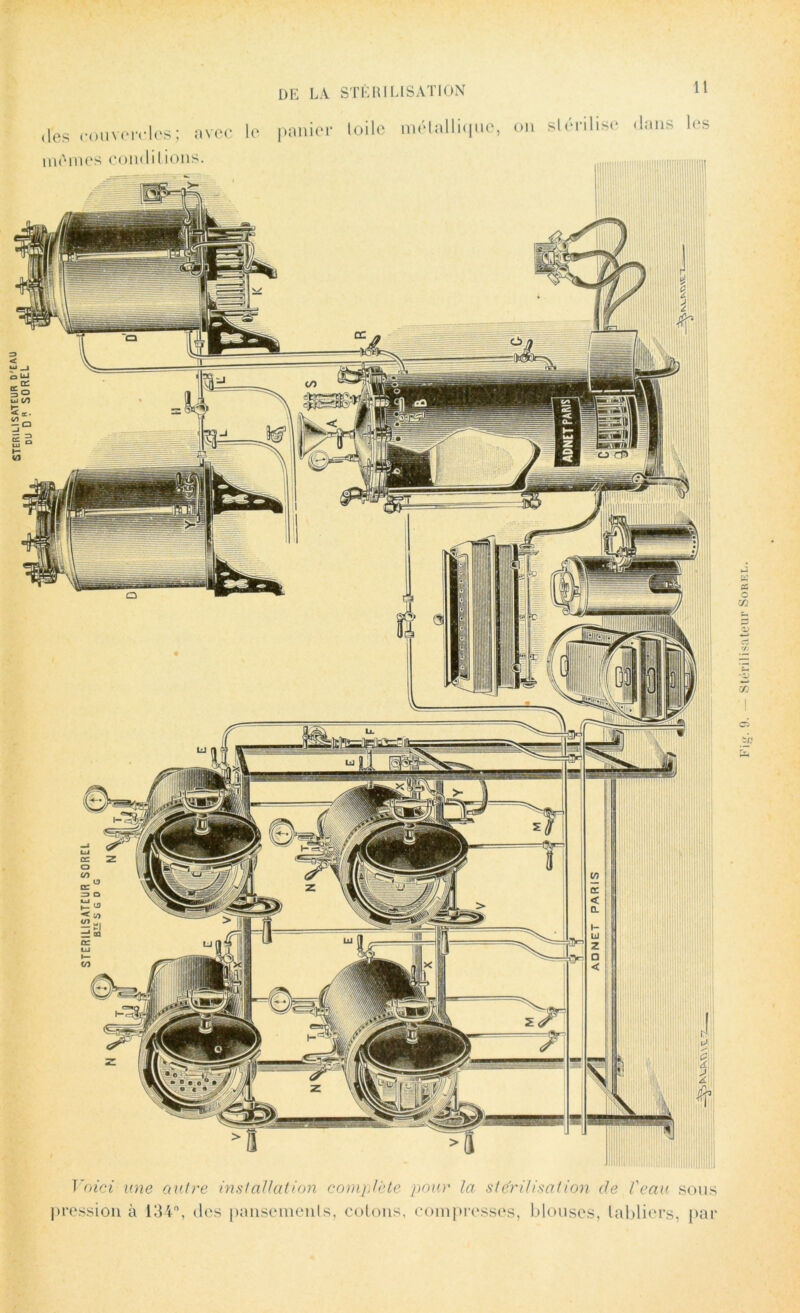 J LJ . en DE LA STÉRILISATION panier loi le métallique, ou stérilise Voici une autre installation complète pour la ste'rilisation de Veau sous pression à 134, des pansements, cotons, compresses, blouses, tabliers, par < c V) —; ca Stérilisateur Soree